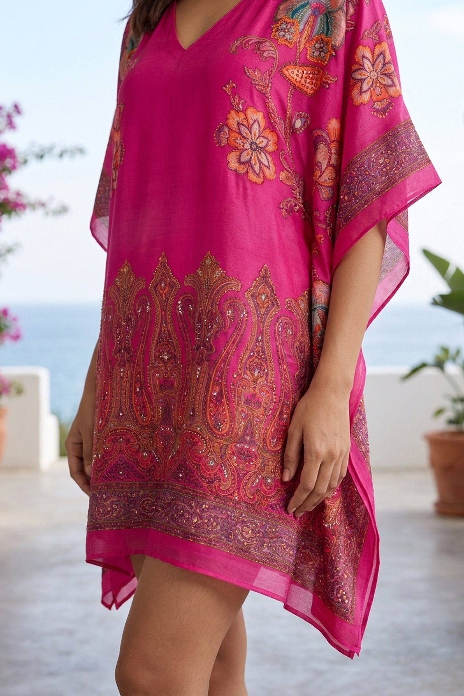 Fuchsia Pink Printed Short Kaftan Dress