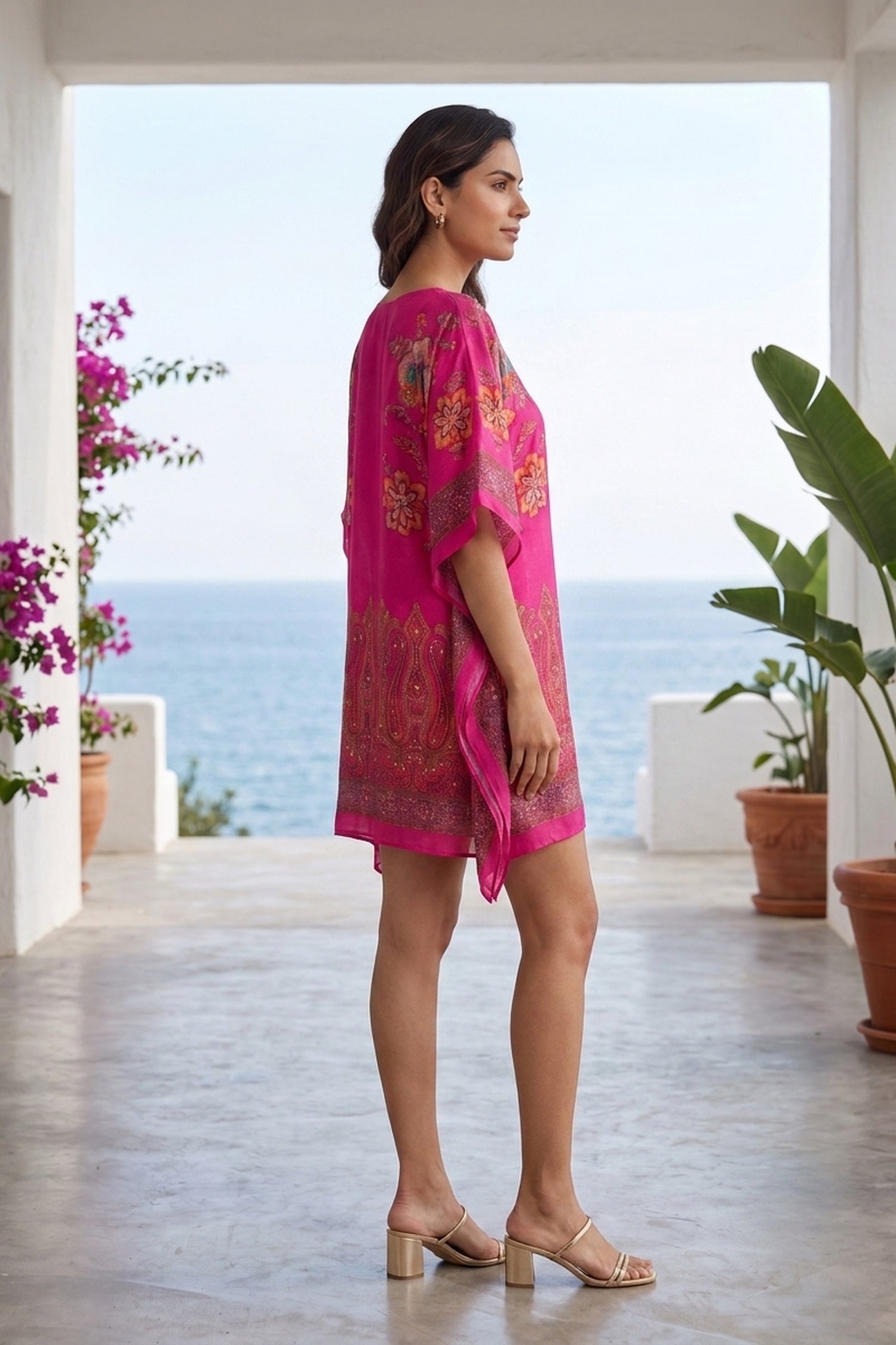 Fuchsia Pink Printed Short Kaftan Dress