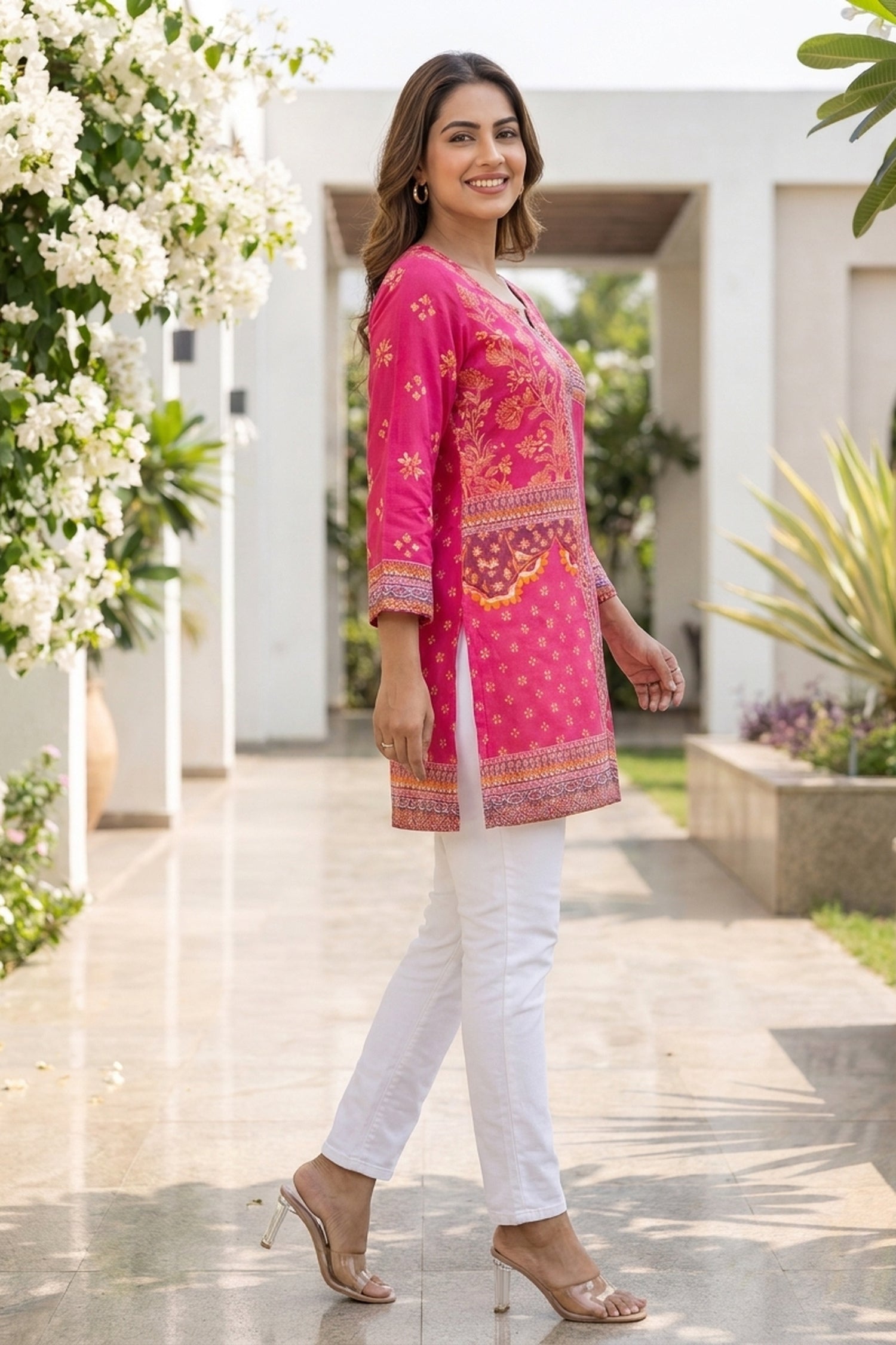 Fuchsia Pink Printed Straight Short Kurti Top