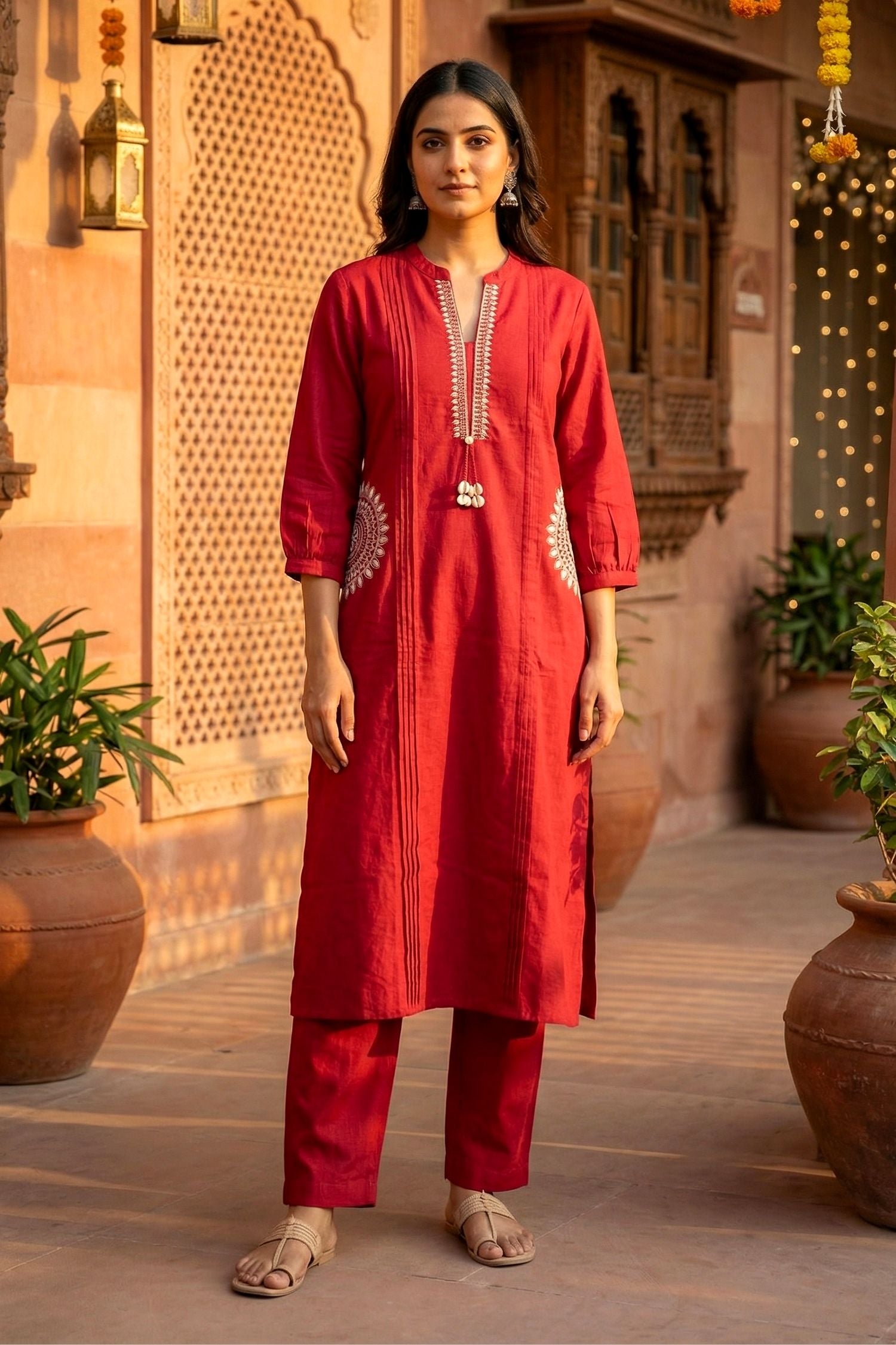 Pink Cotton Embroidered Co-ord Set with Delicate Thread Work