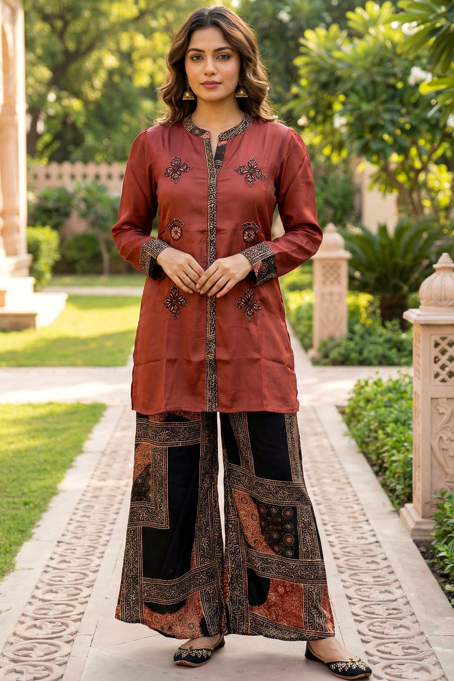 Brown Embroidered Top Printed Bottom Cord Set