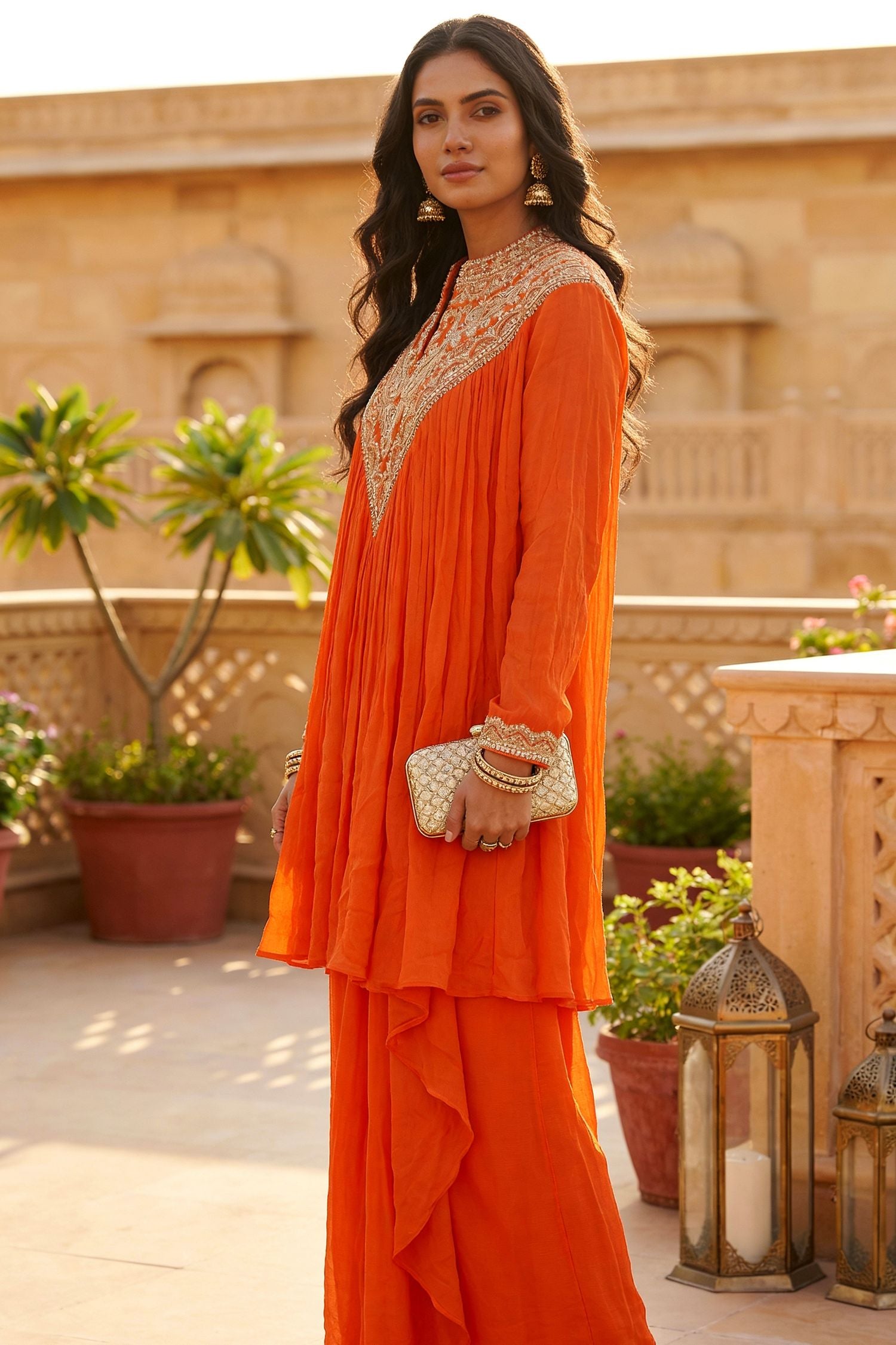 Orange Embroidered Neck Co-Ord Set with Sharara Bottom