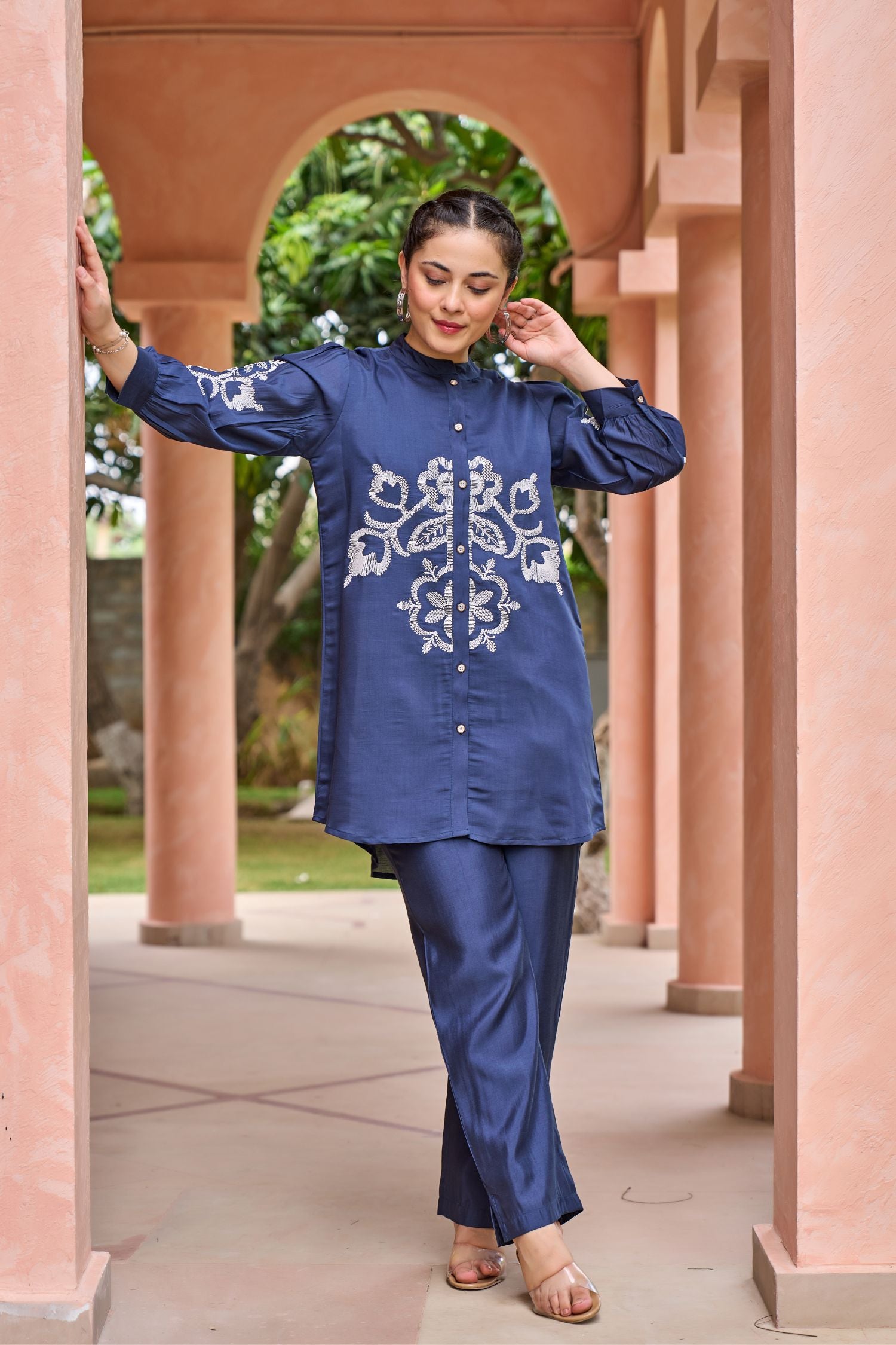 Navy Blue Cotton Cord Set with Striking Central Print
