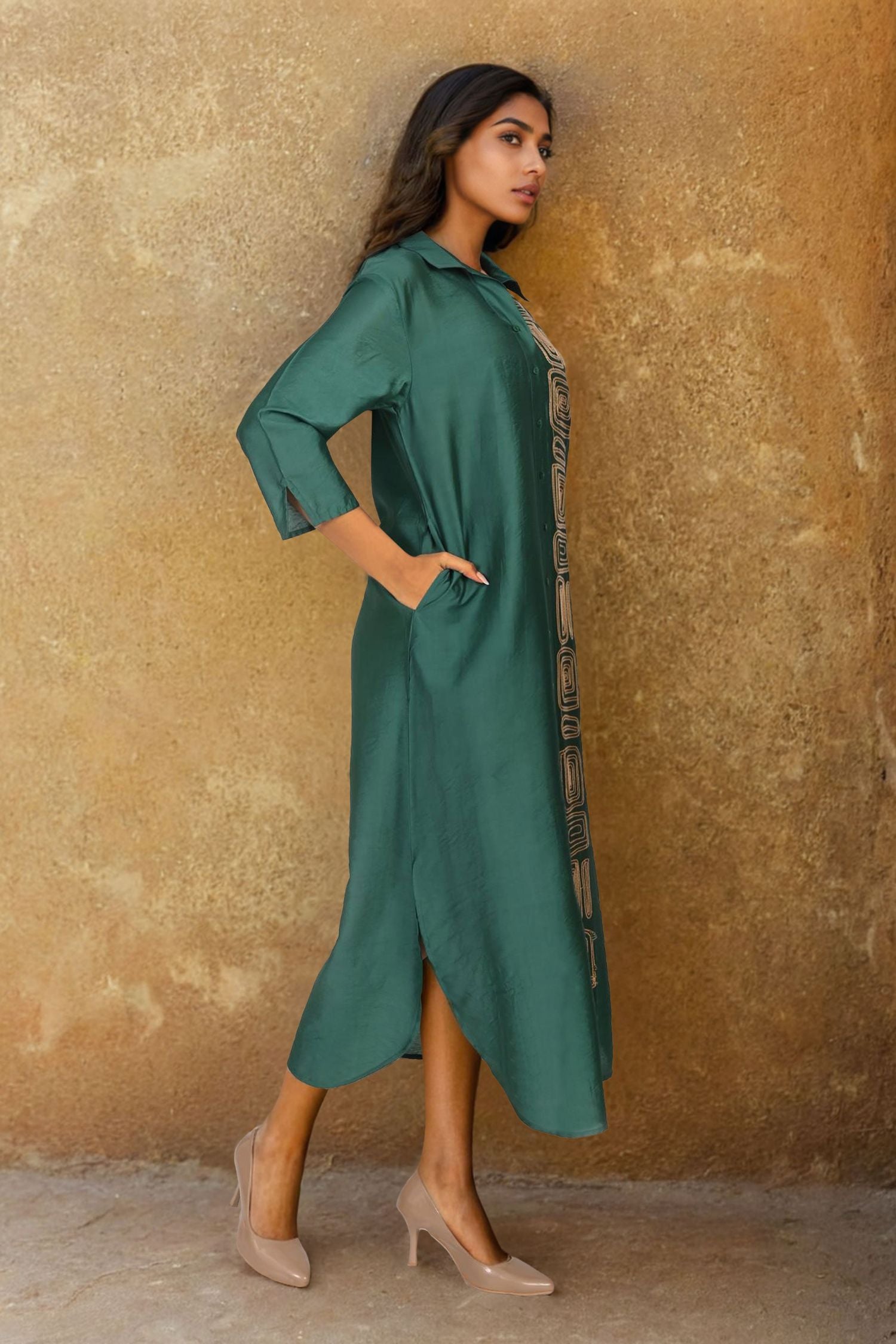 Green Satin Long Dress with Artistic Block Print Work