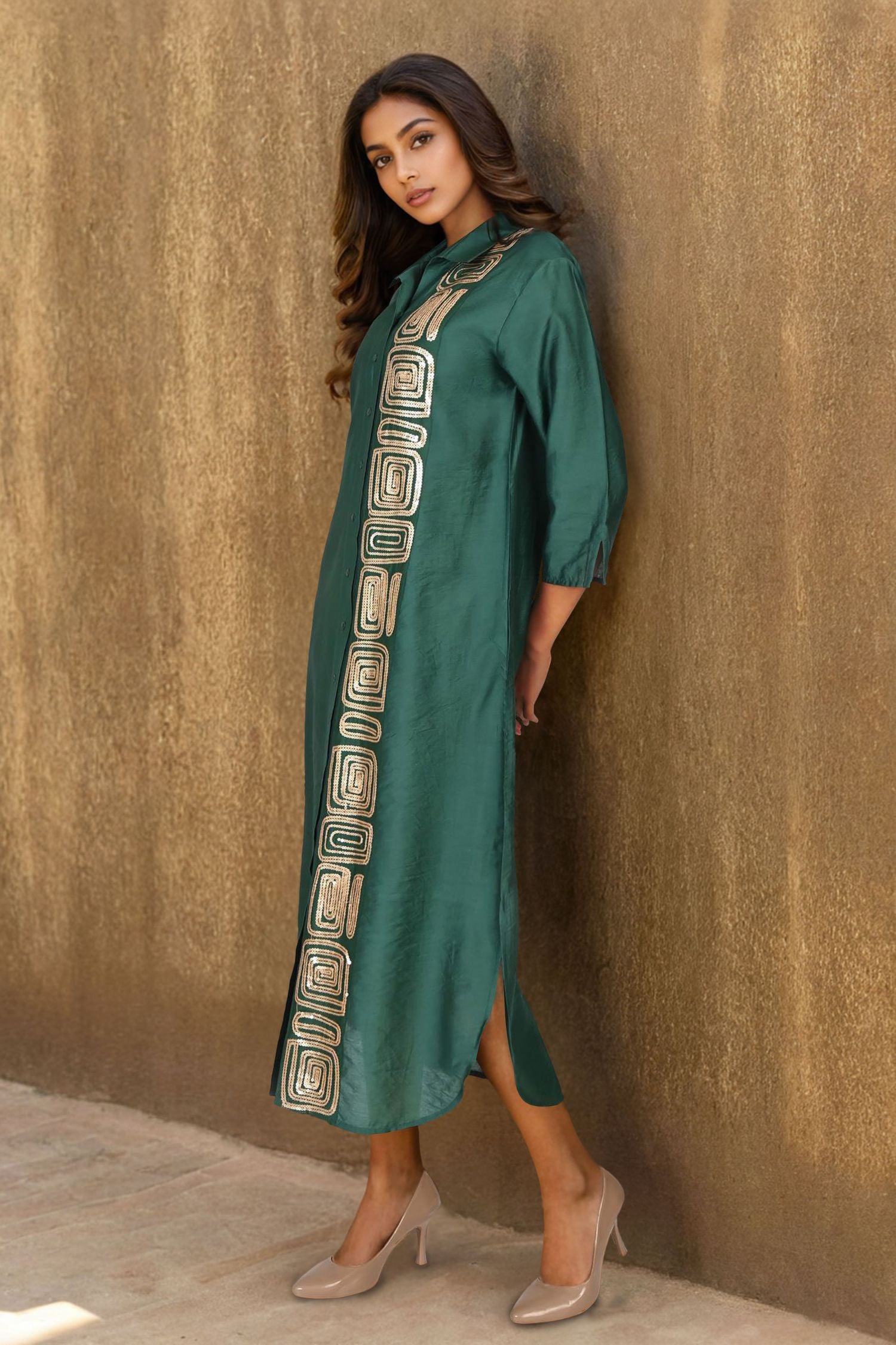 Green Satin Long Dress with Artistic Block Print Work