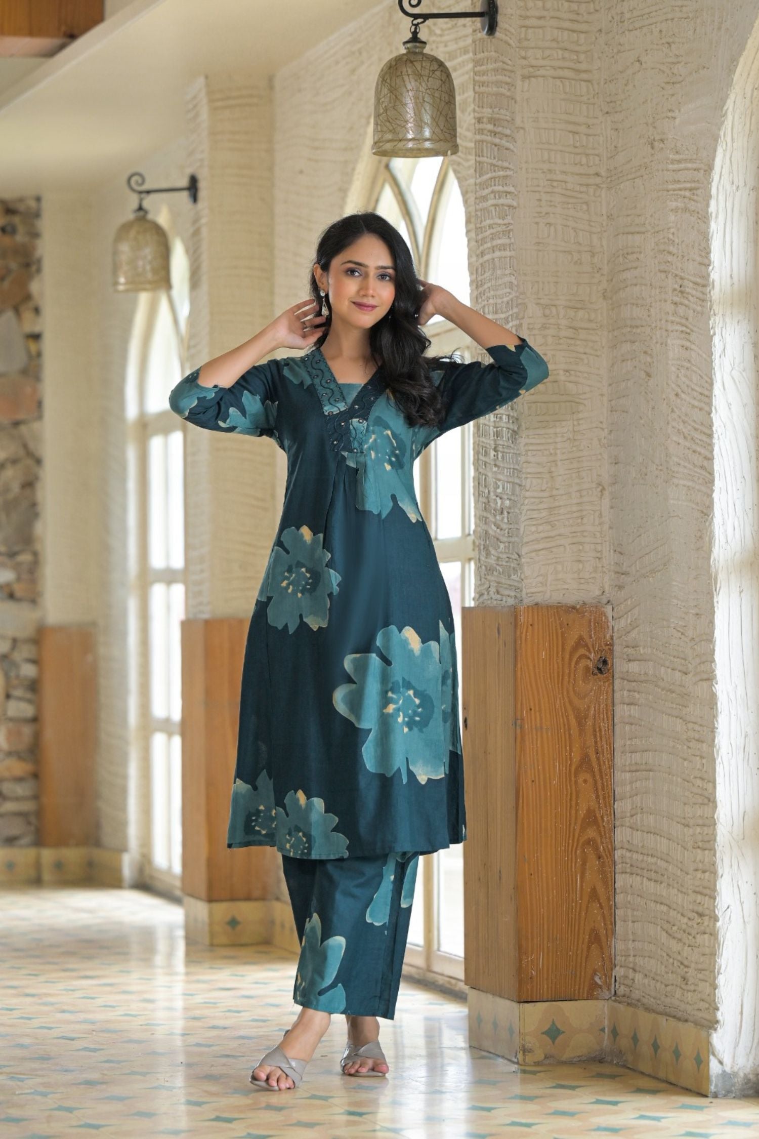 Blue Cotton Co-ord Set with Subtle Printed