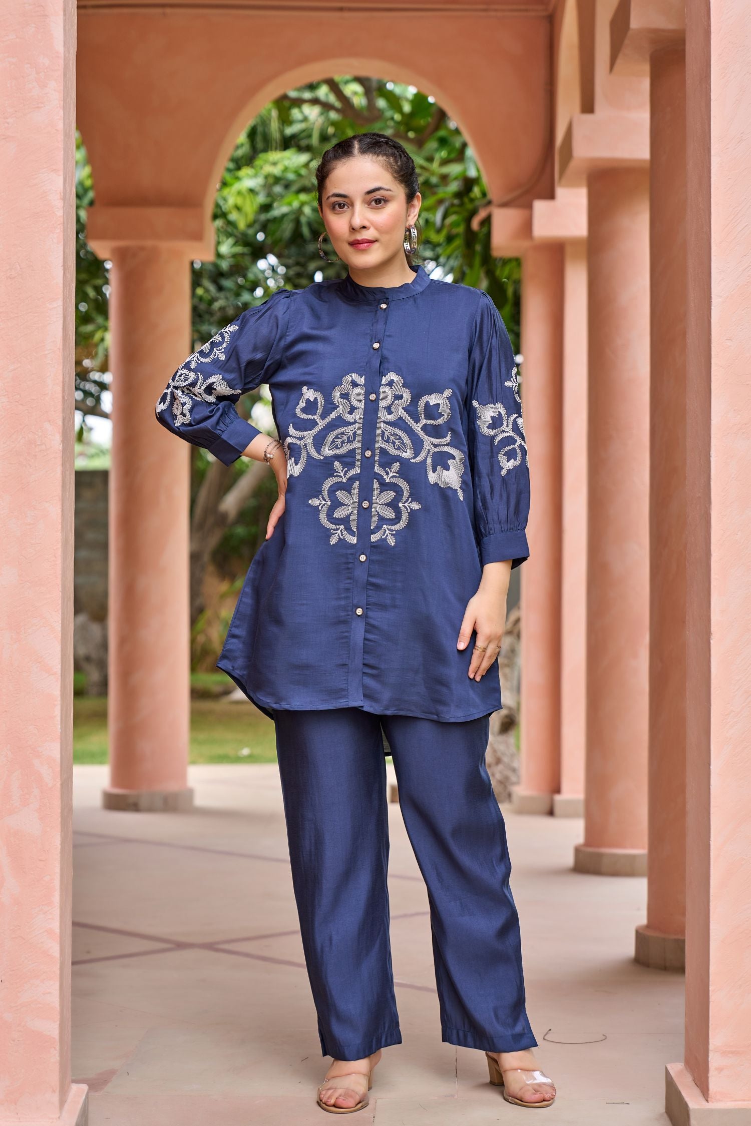 Navy Blue Cotton Cord Set with Striking Central Print