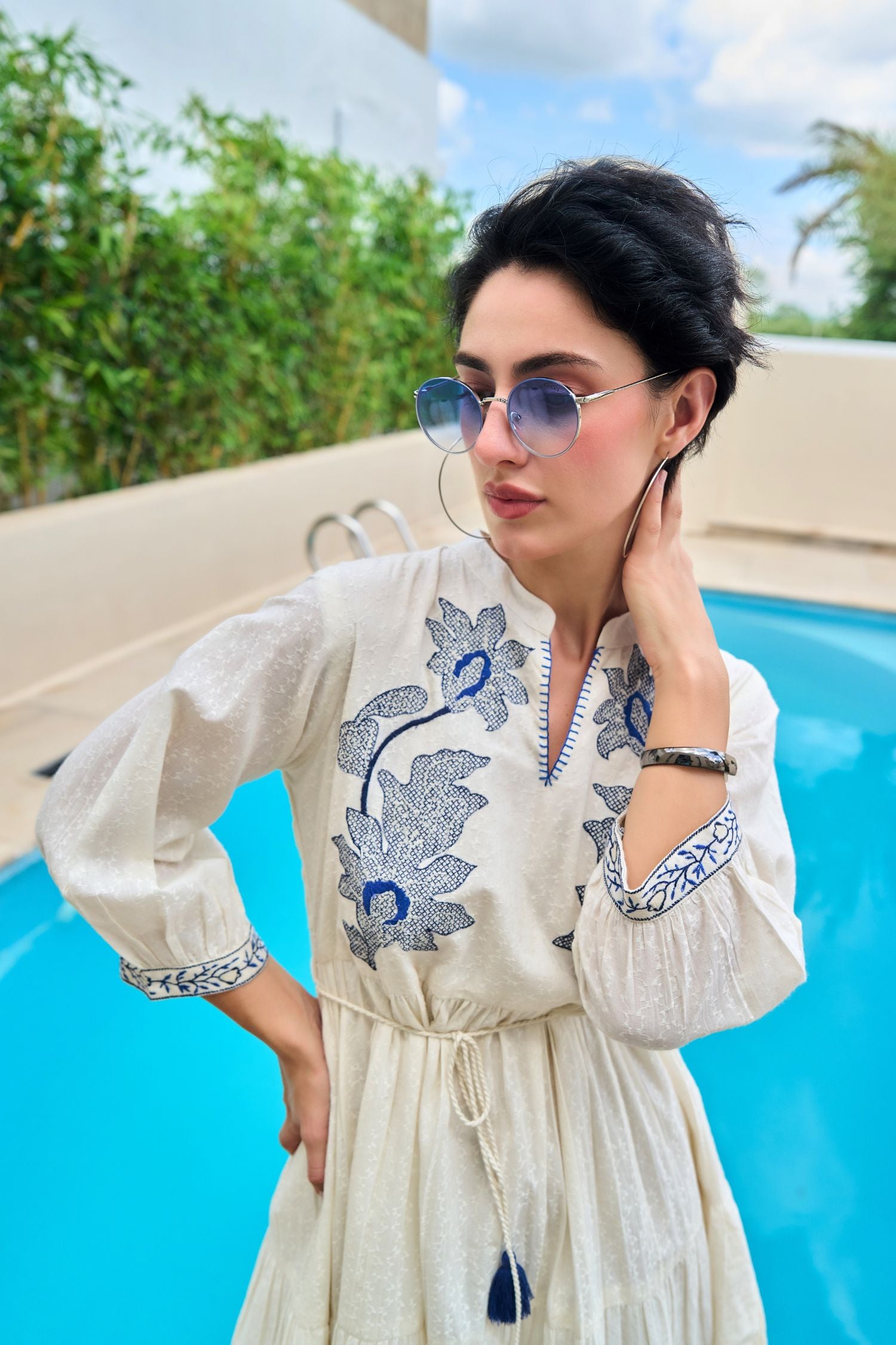 Blue Thread Embroidery Tunic