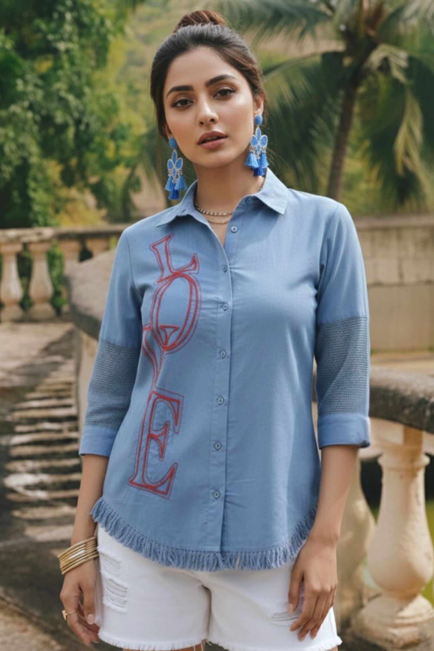 Blue Embroidered Love Shirt with Fringe Hem