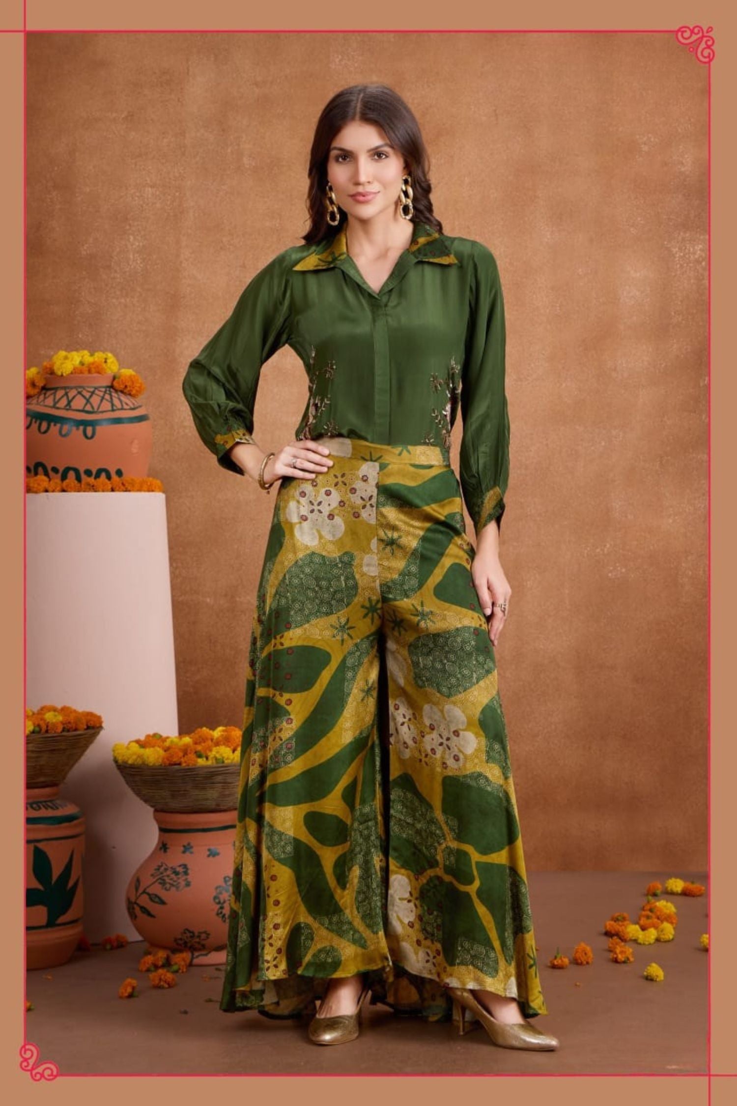 Green Grace Satin Top And Embroidered Cord Set