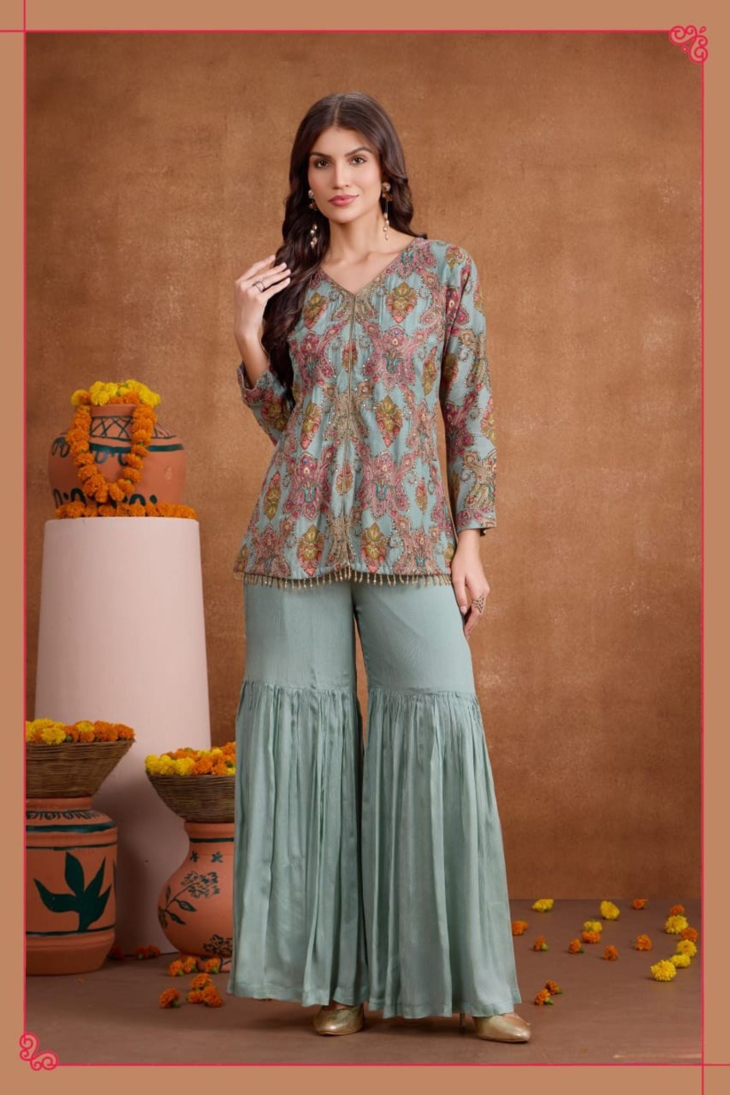 Aqua Charm Printed Sharara Style Cord Set