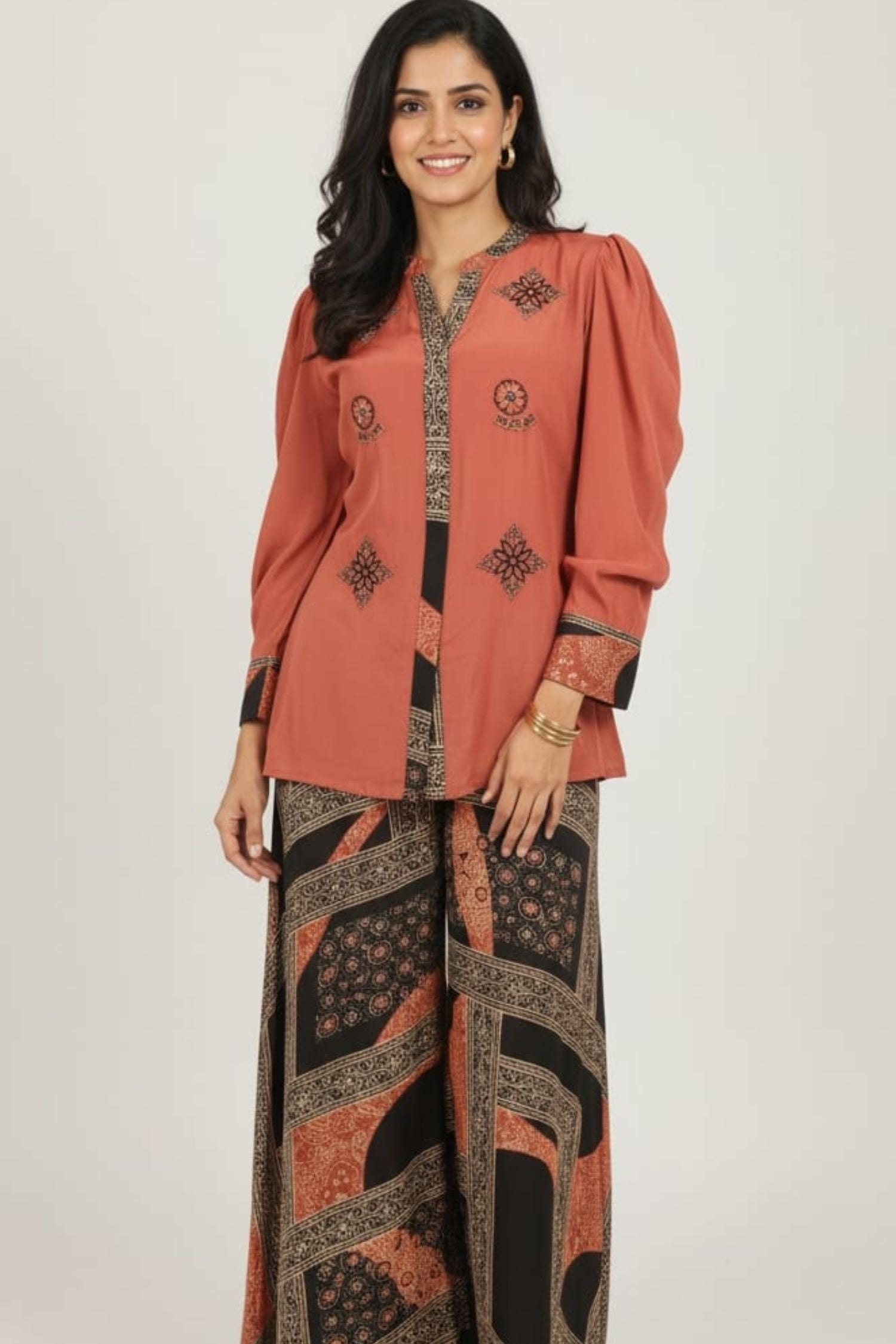 Brown Embroidered Top Printed Bottom Cord Set