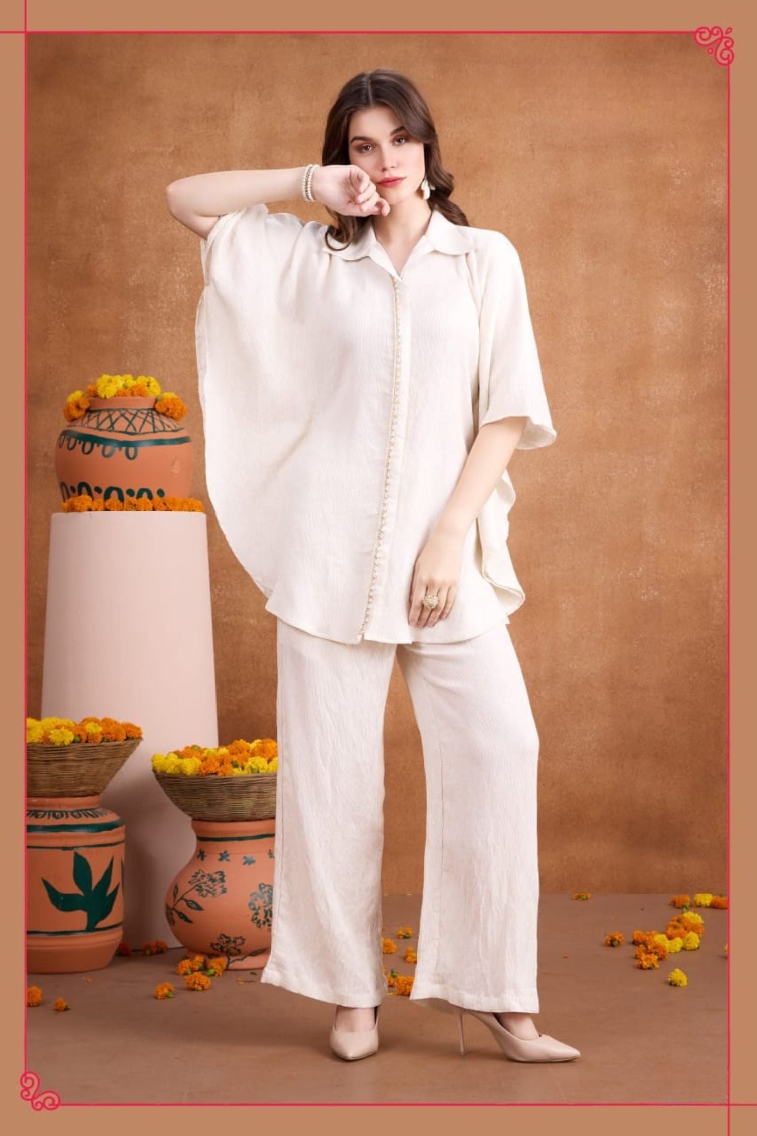 Cream Classic Solid Shirt Style Cord Set