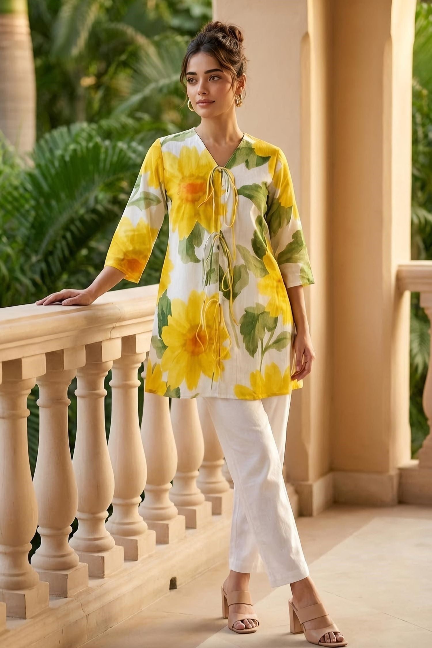 Yellow Cotton Tunic Co-ord Set with Bold Sunflower Print