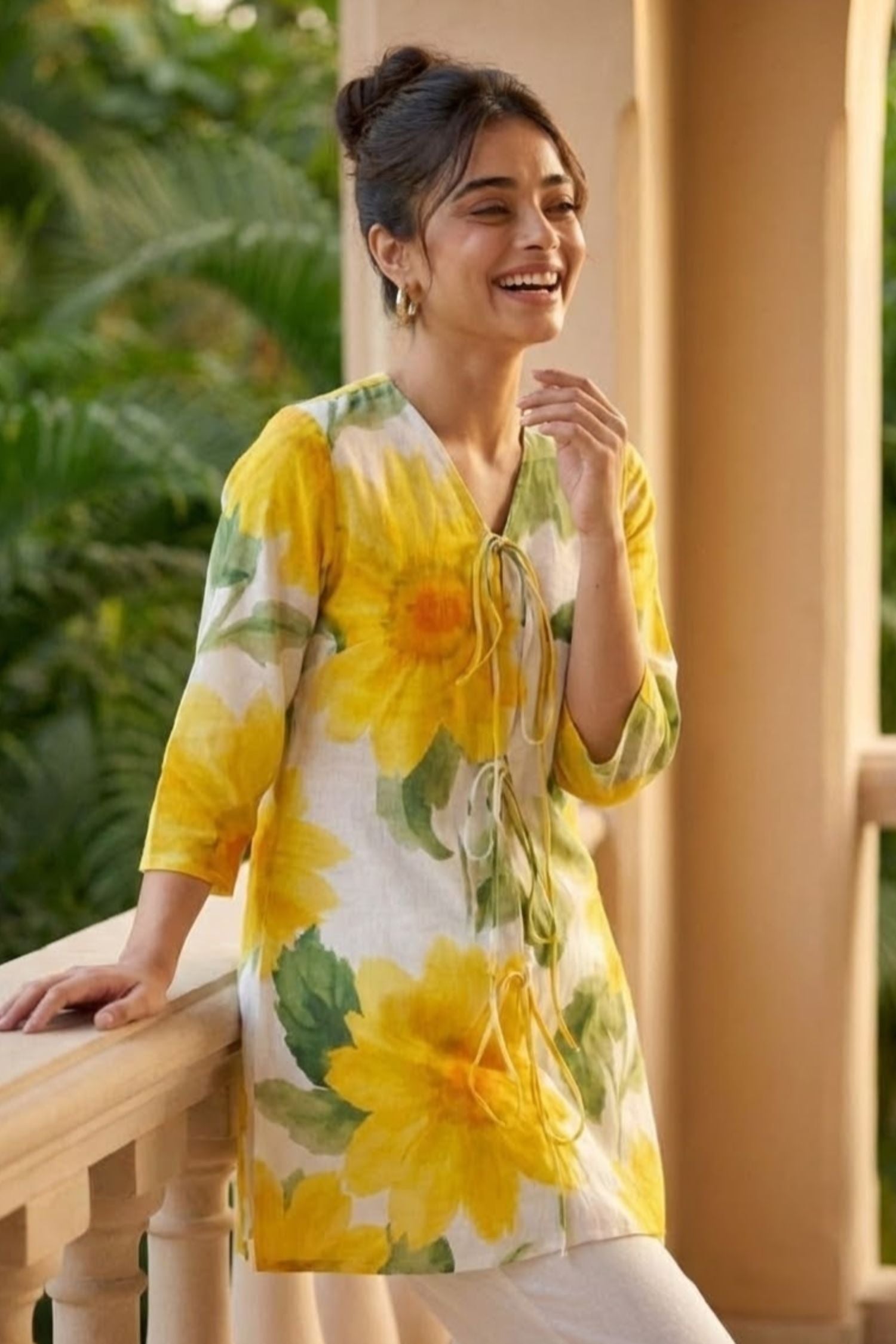Yellow Cotton Tunic Co-ord Set with Bold Sunflower Print