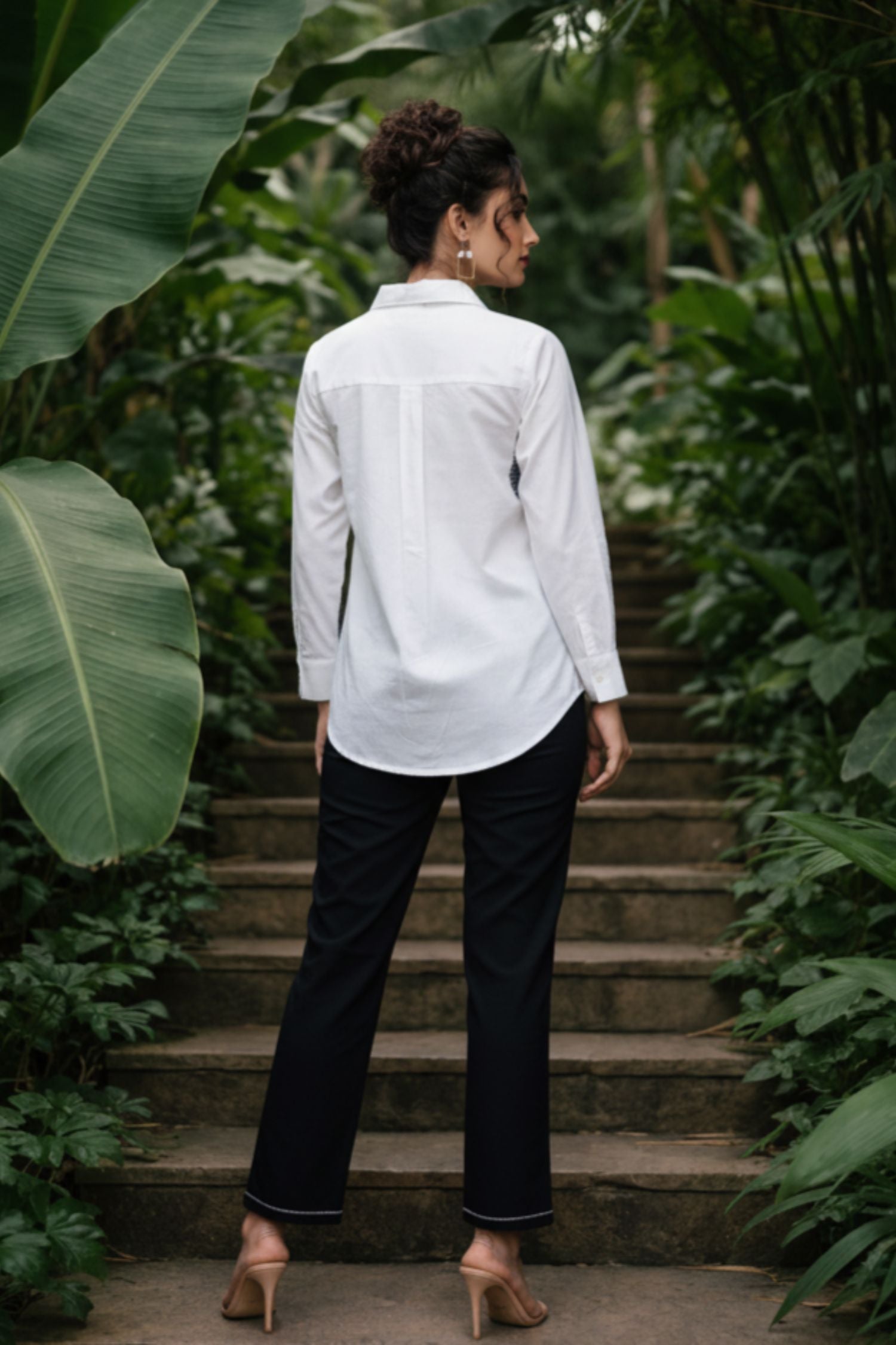 White Co-ord Set with Circular Print Shirt and Black Pants