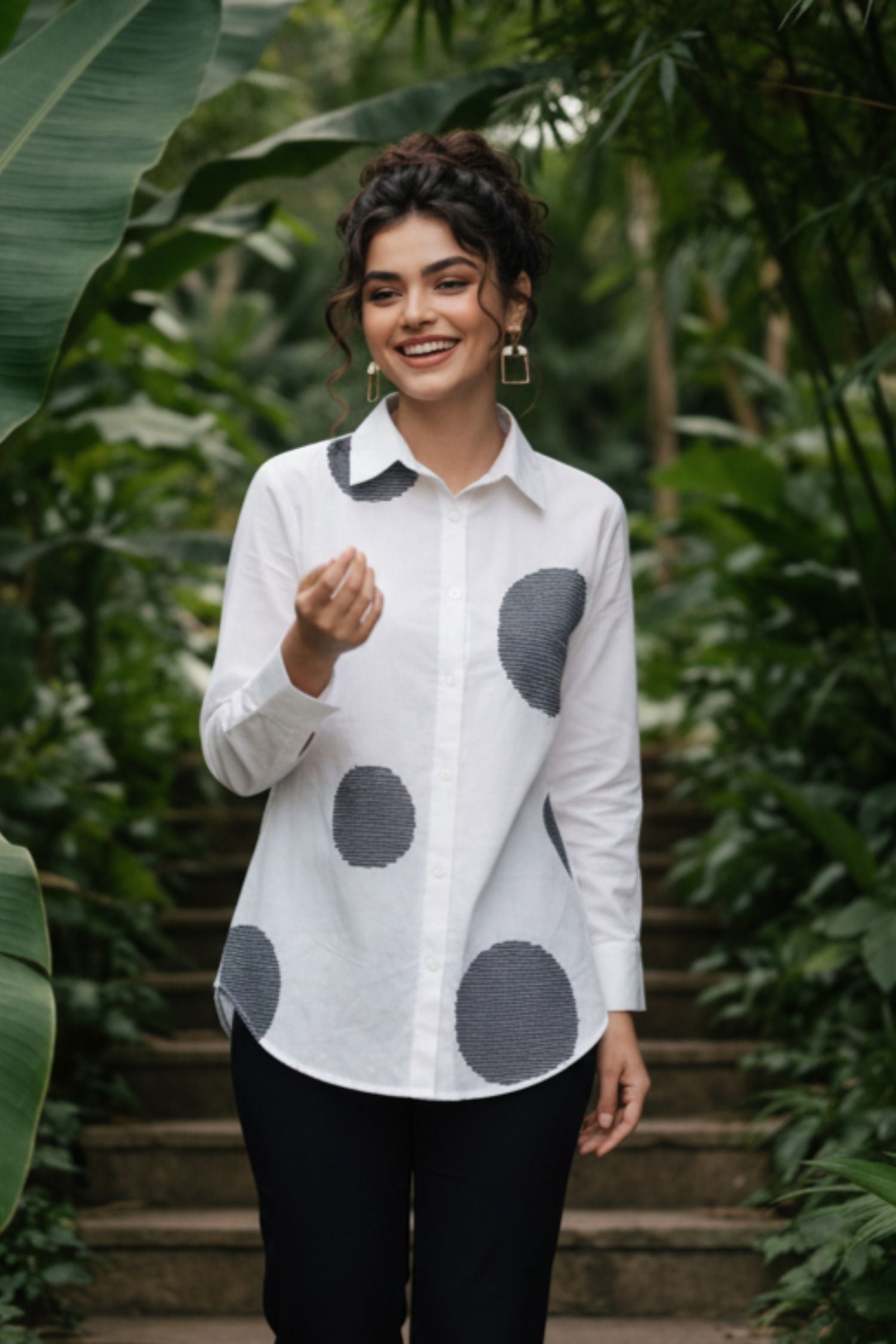 White Co-ord Set with Circular Print Shirt and Black Pants