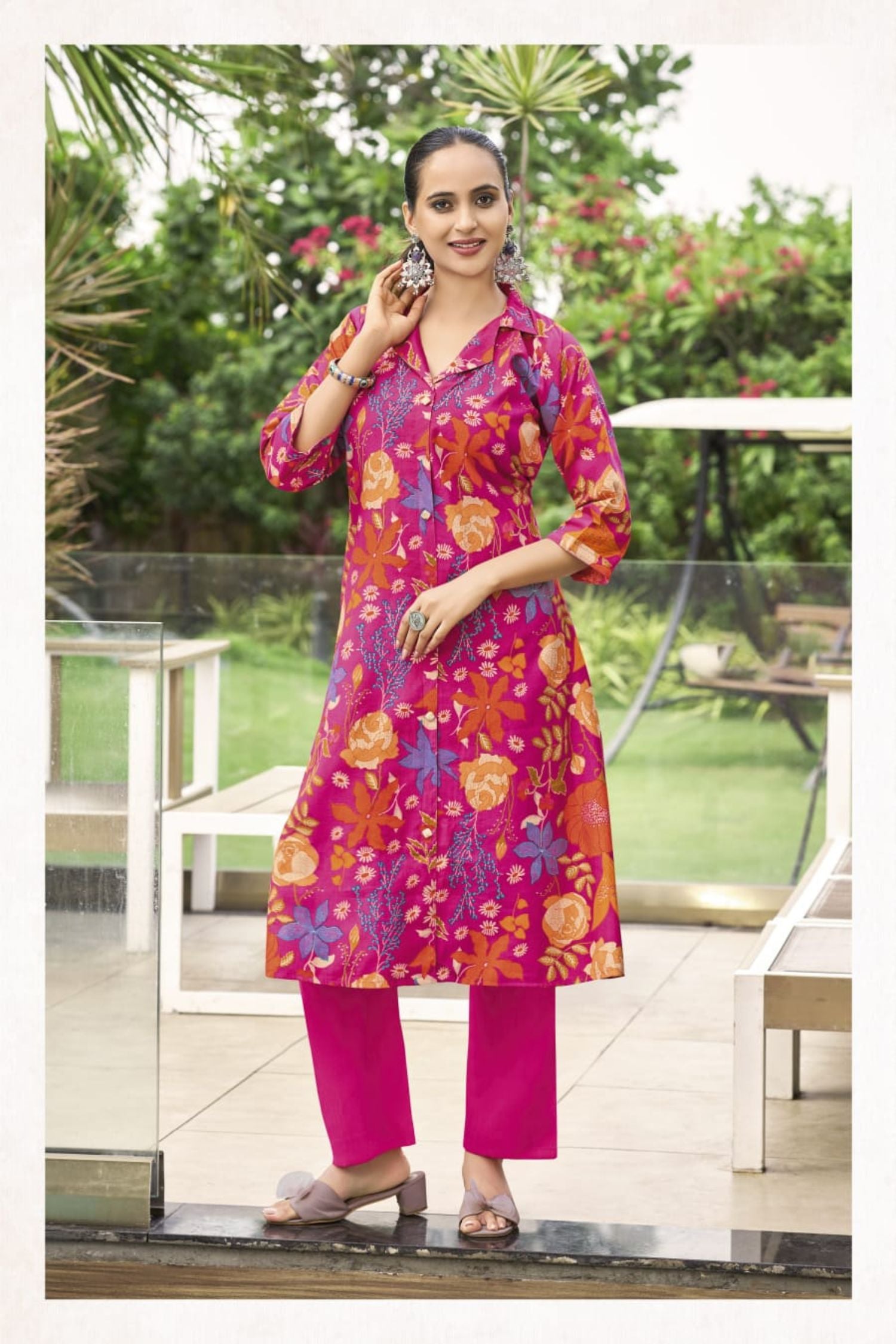A-Line Pattern Pink Cotton Cord Set with Printed Design