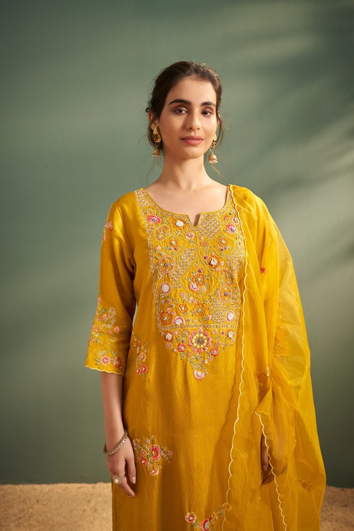 Mustard Straight Kurta Set with Detailed Neck Embroidery & Dupatta