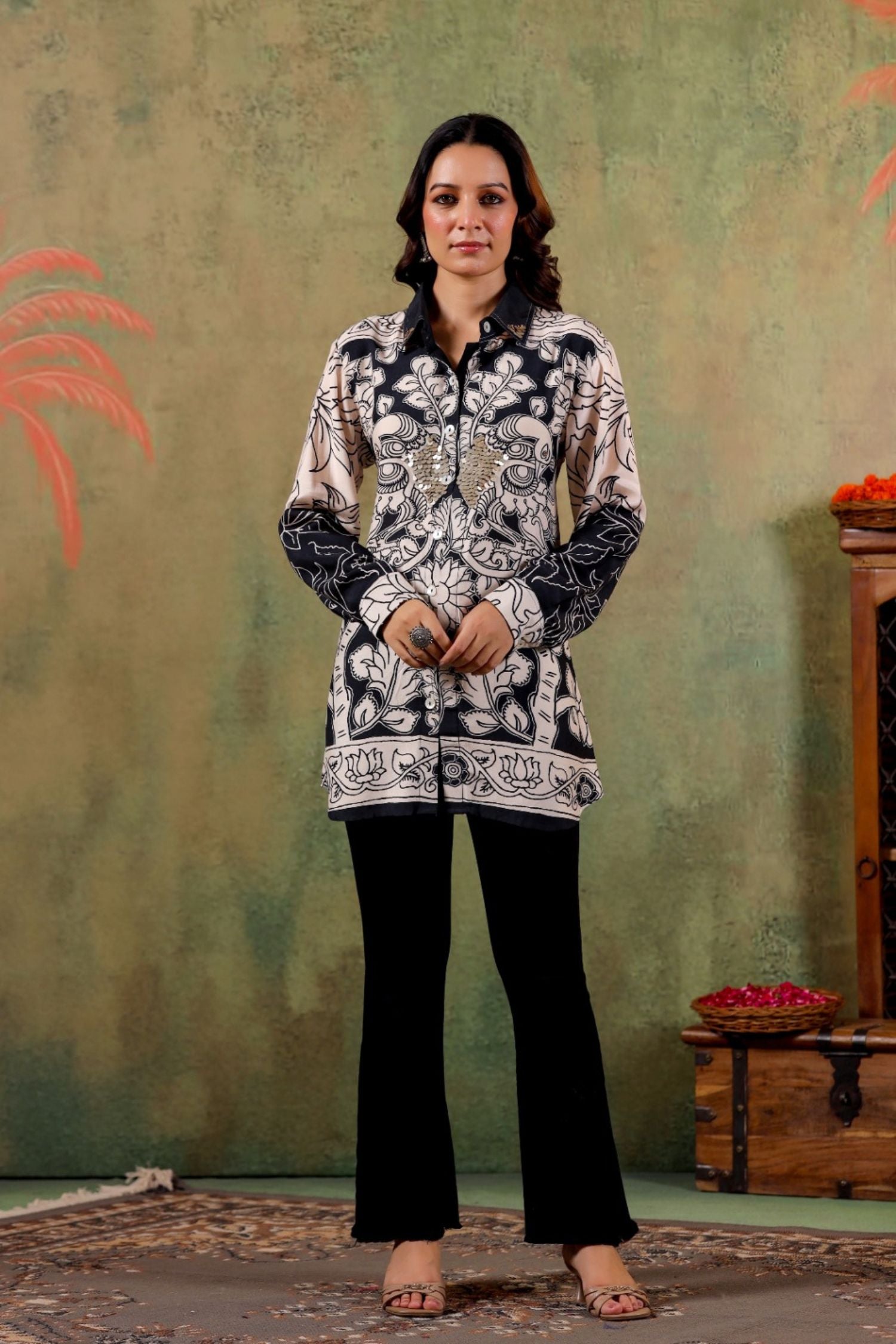 Premium Cream Sequin Embellished Printed Shirt