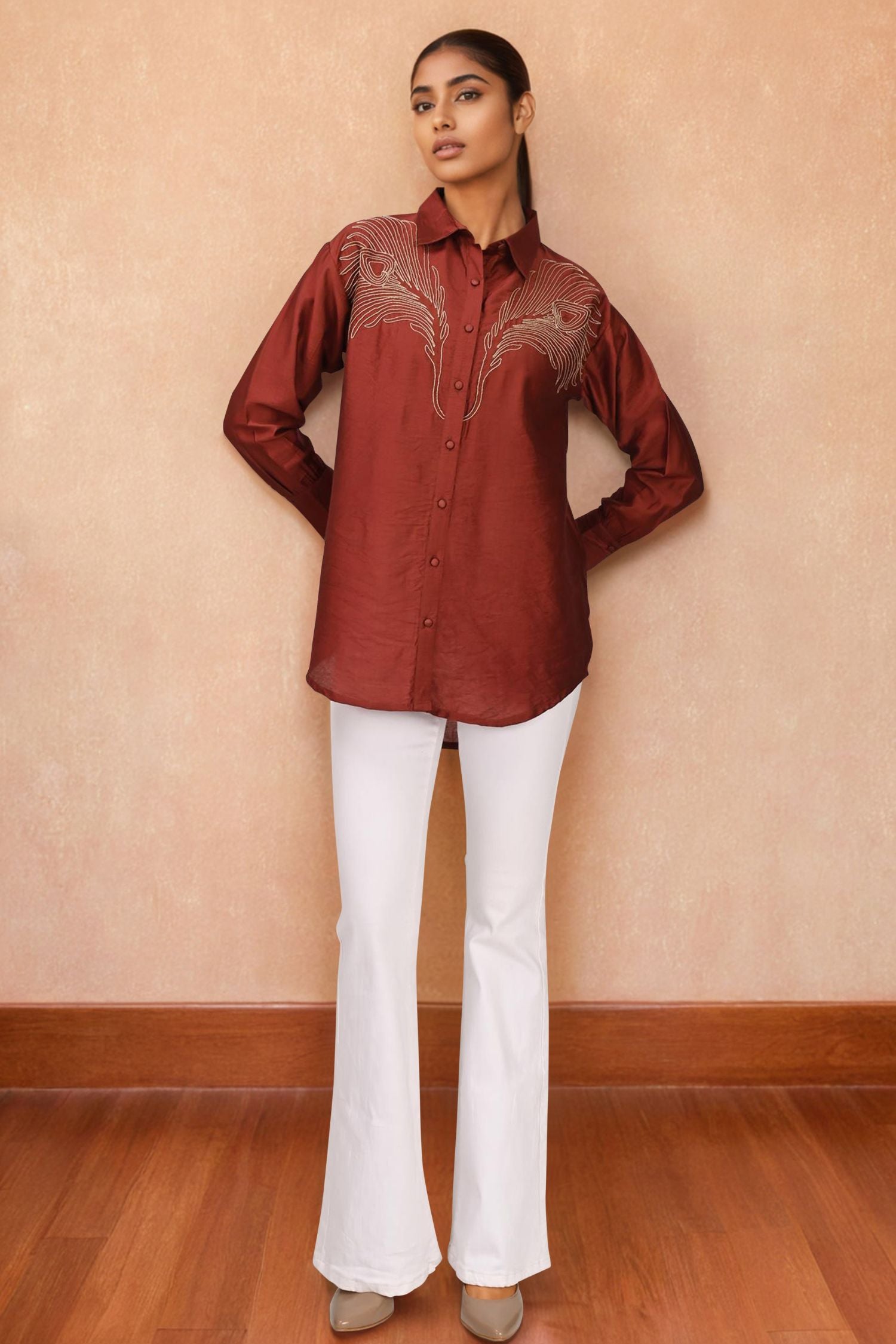 Maroon Shine Satin Sequin Shirt