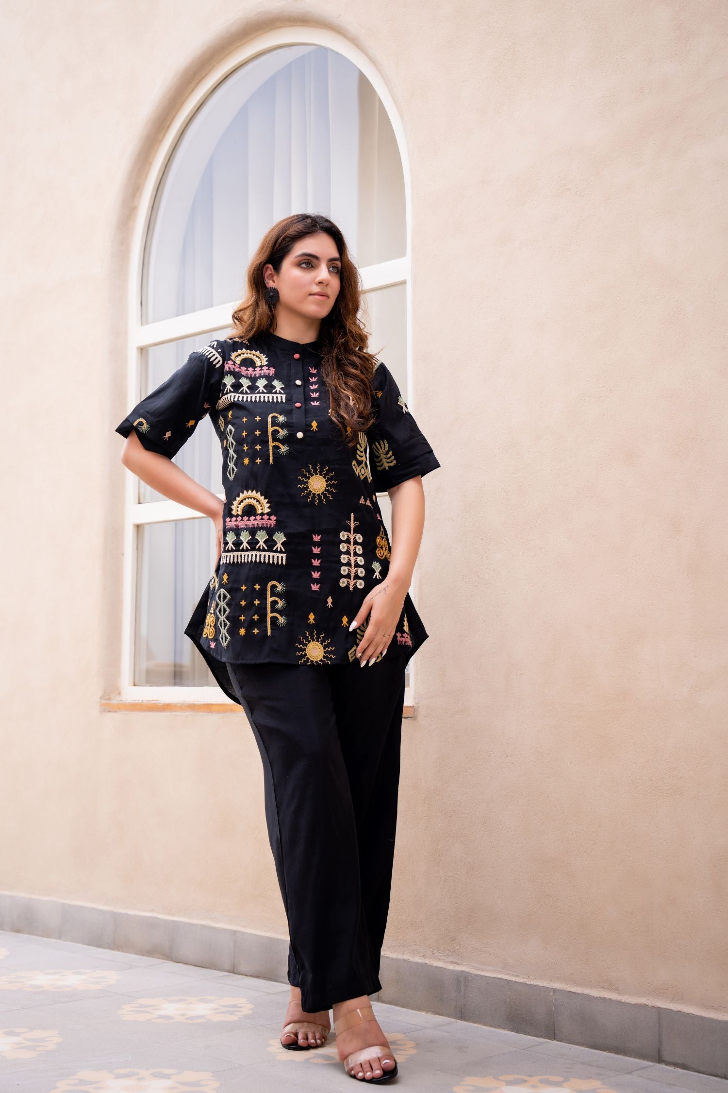 Black Cord Set with Elegant Thread Work and High-Low Top