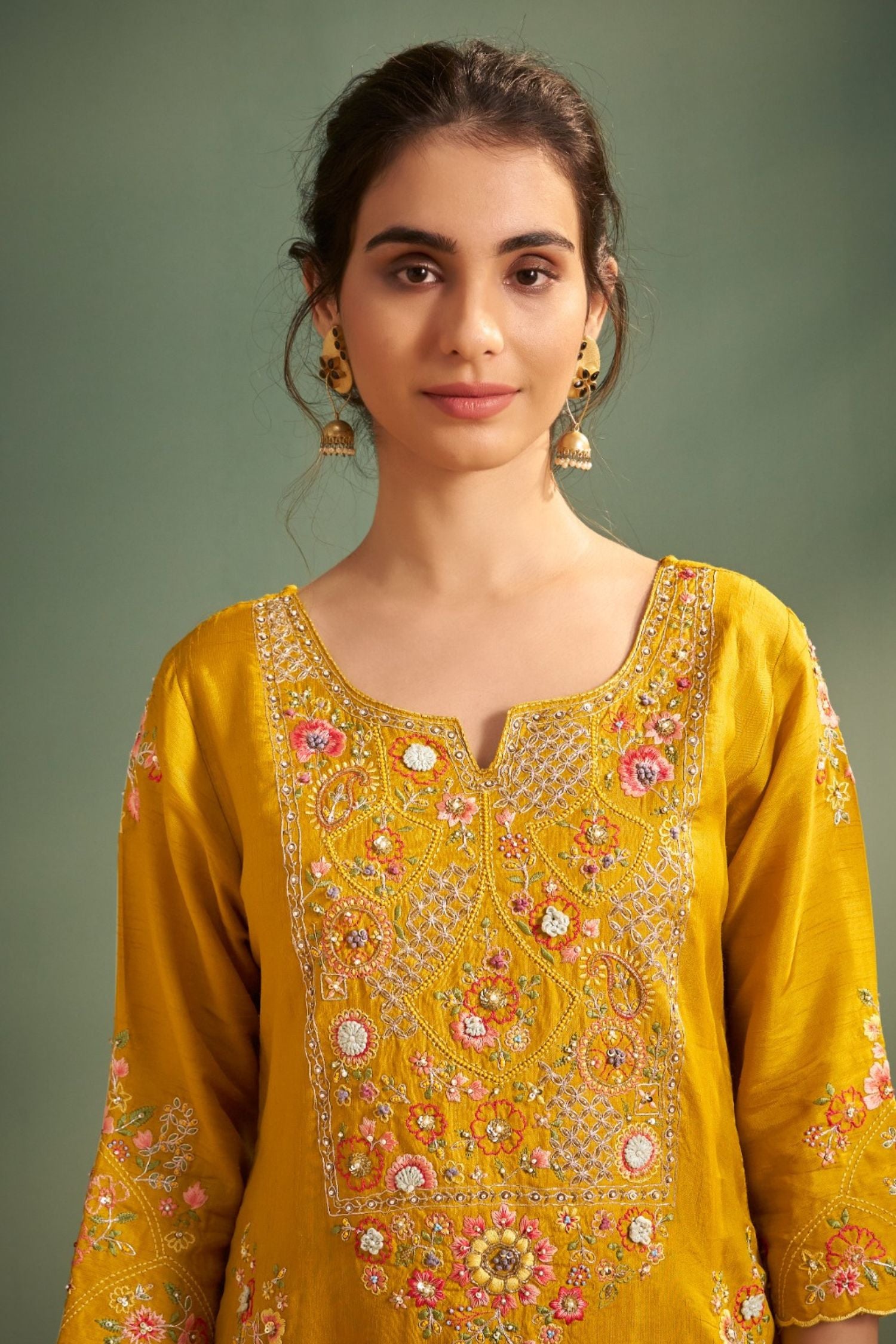 Mustard Straight Kurta Set with Detailed Neck Embroidery & Dupatta