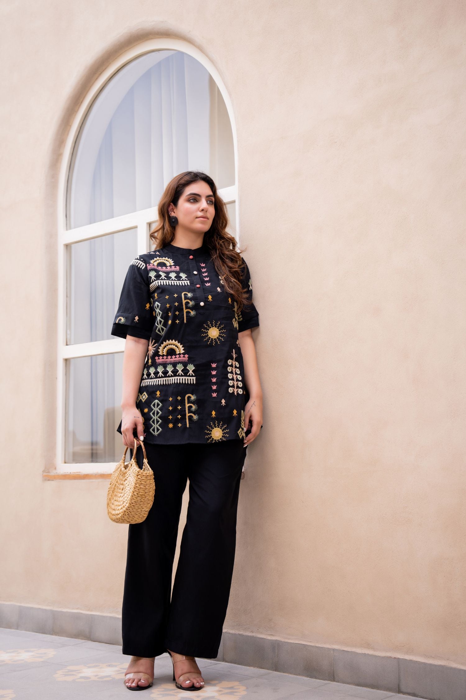 Black Cord Set with Elegant Thread Work and High-Low Top