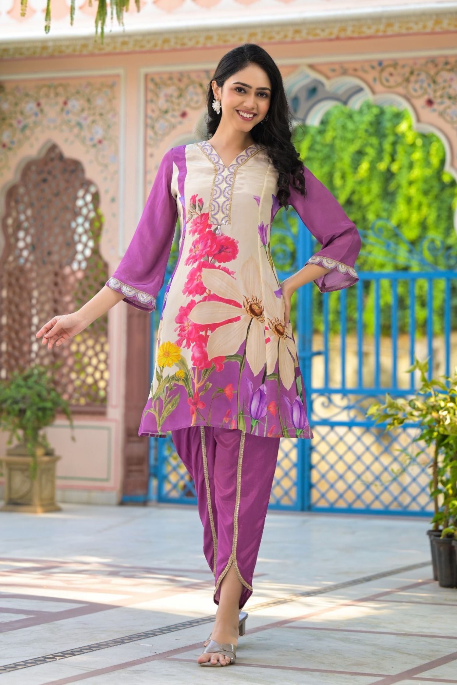Cream Co-ord Set with Purple Embroidery & Dhoti Pants