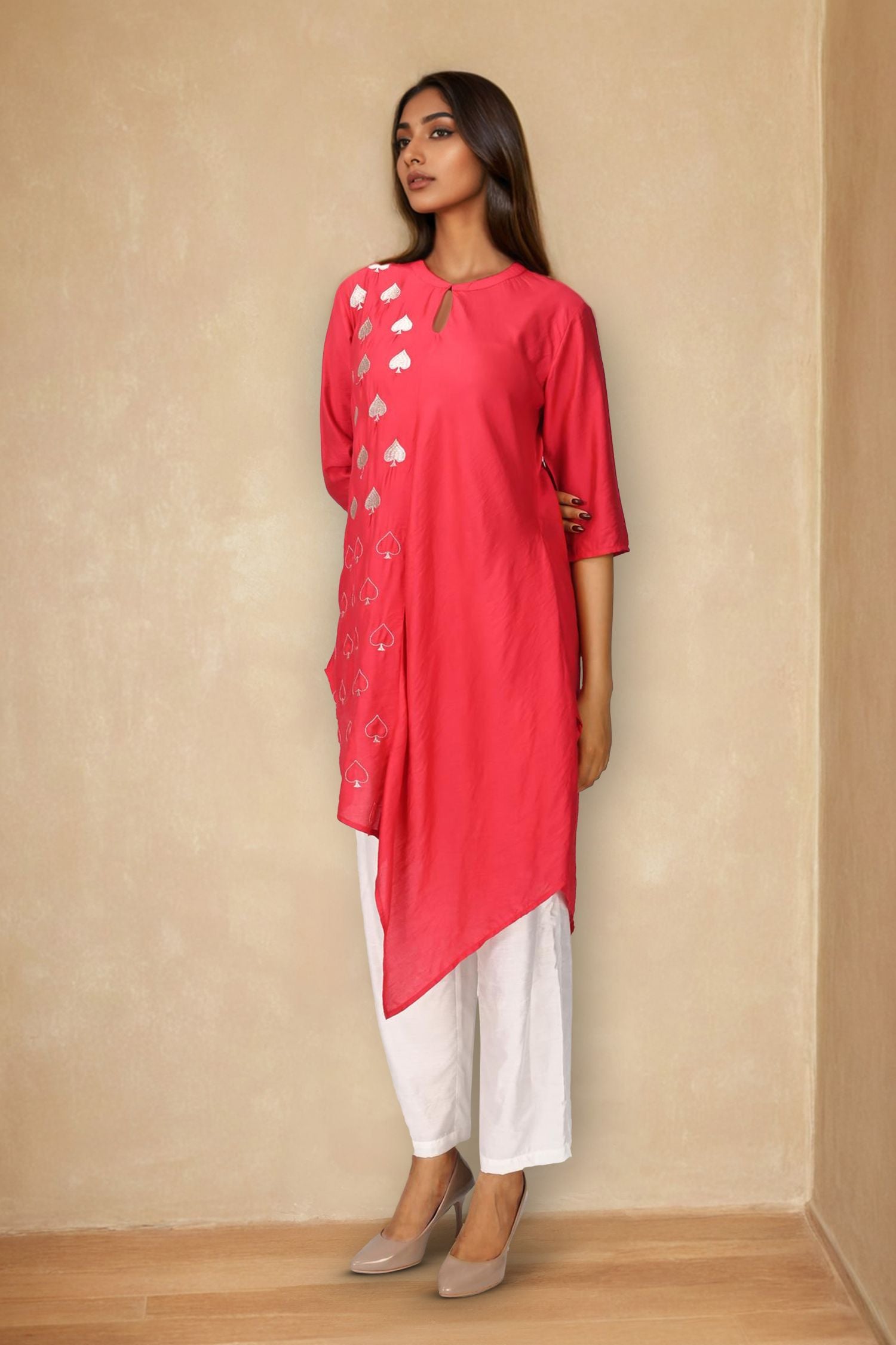 Leaf print Asymmetrical Pink Cord set