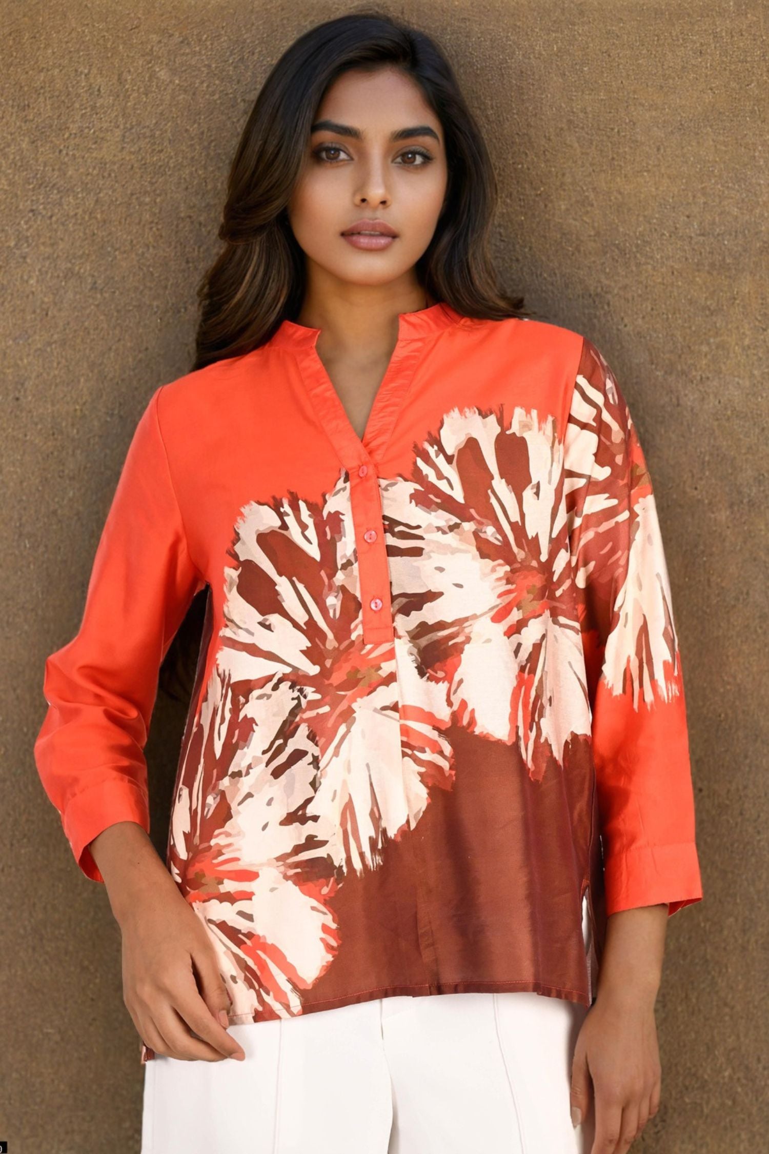 Stylish Orange Top with Burnt Flower Design