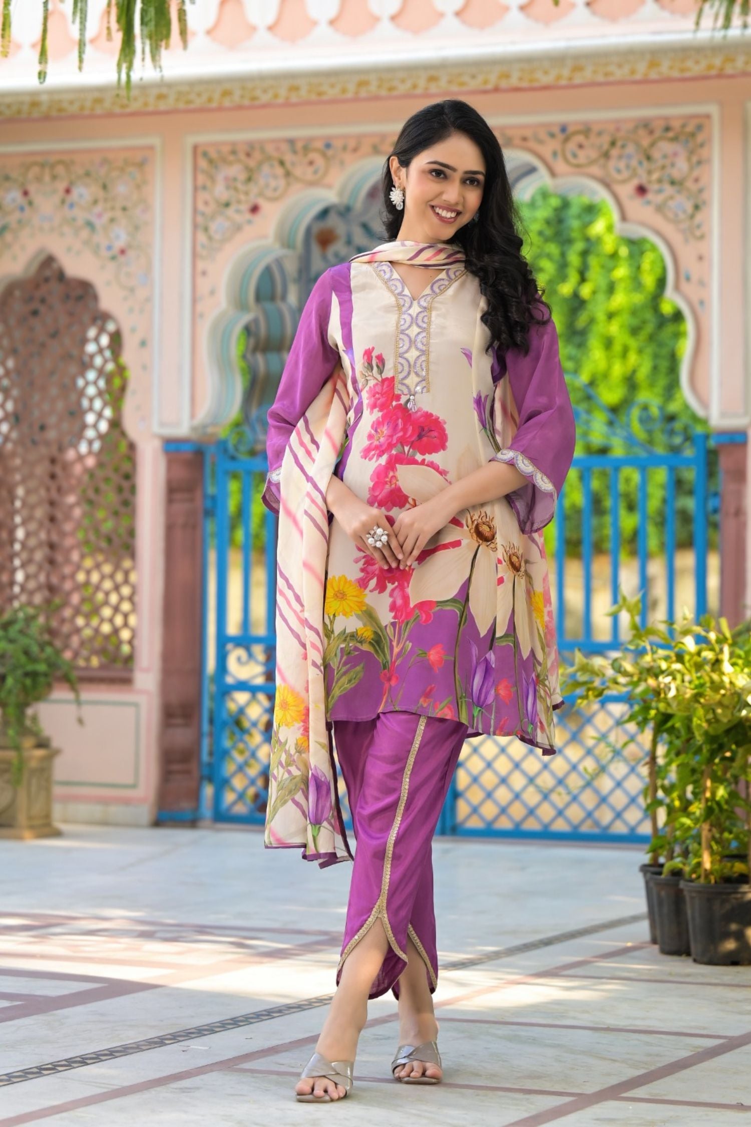 Cream Co-ord Set with Purple Embroidery & Dhoti Pants