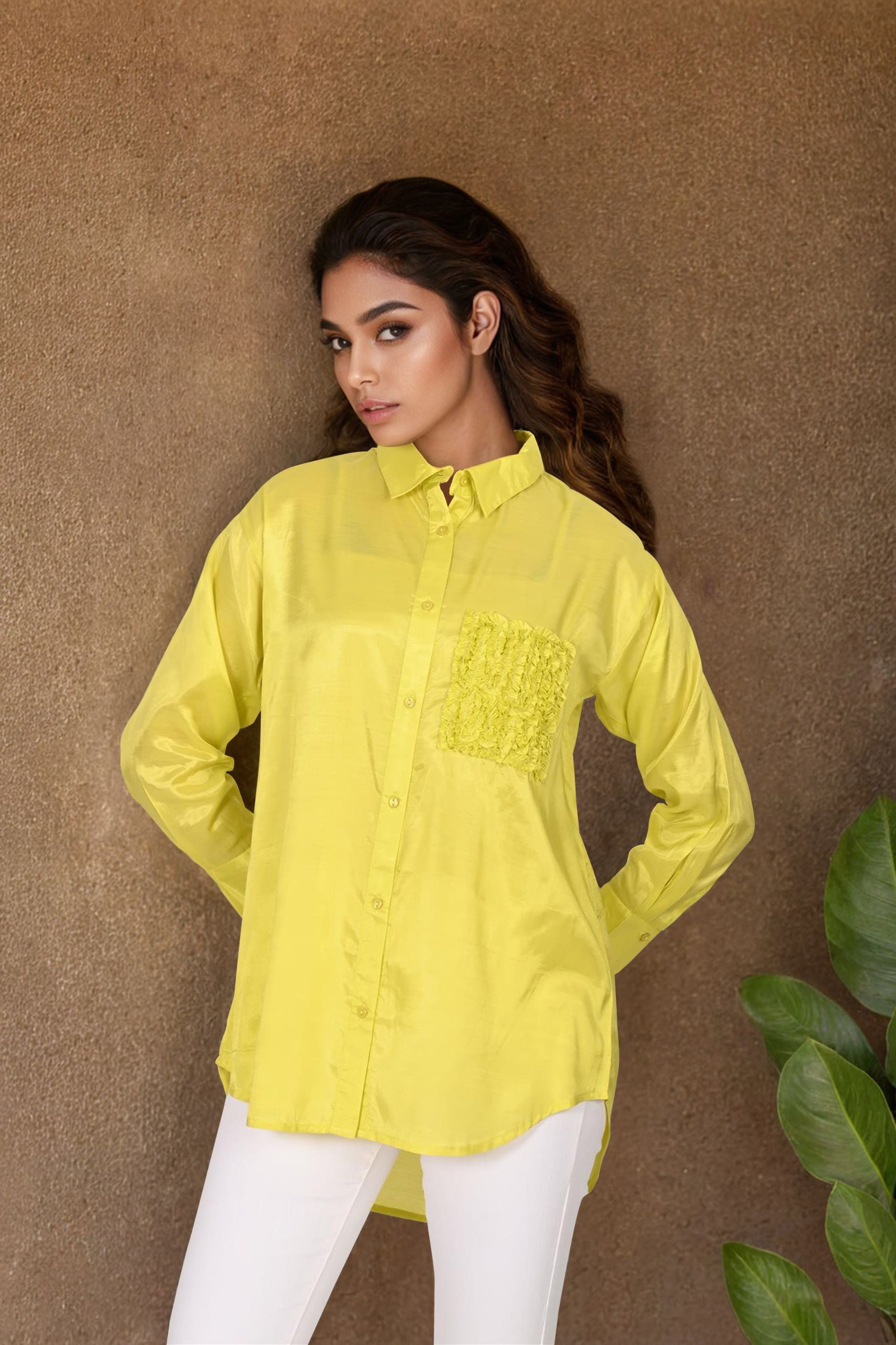 Yellow High-Low Shirt with Embroidered Pocket