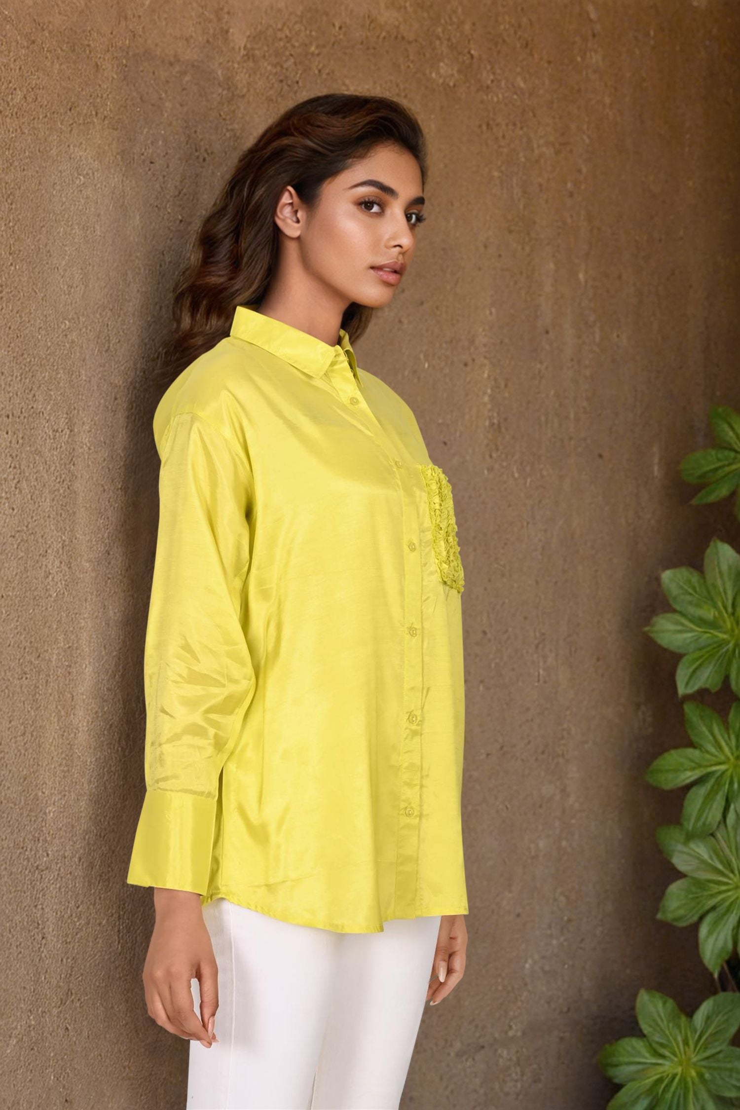 Yellow High-Low Shirt with Embroidered Pocket