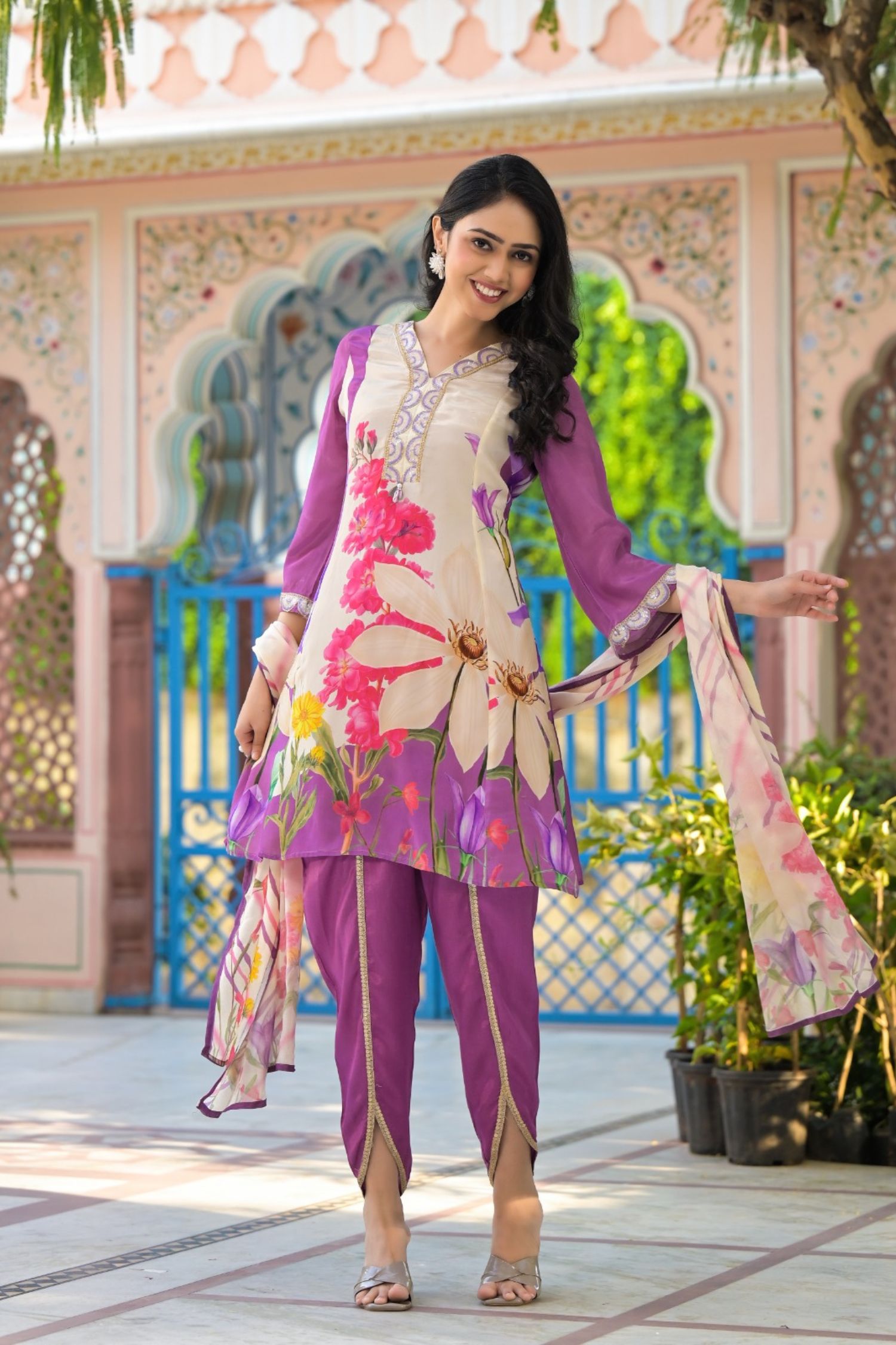 Cream Co-ord Set with Purple Embroidery & Dhoti Pants