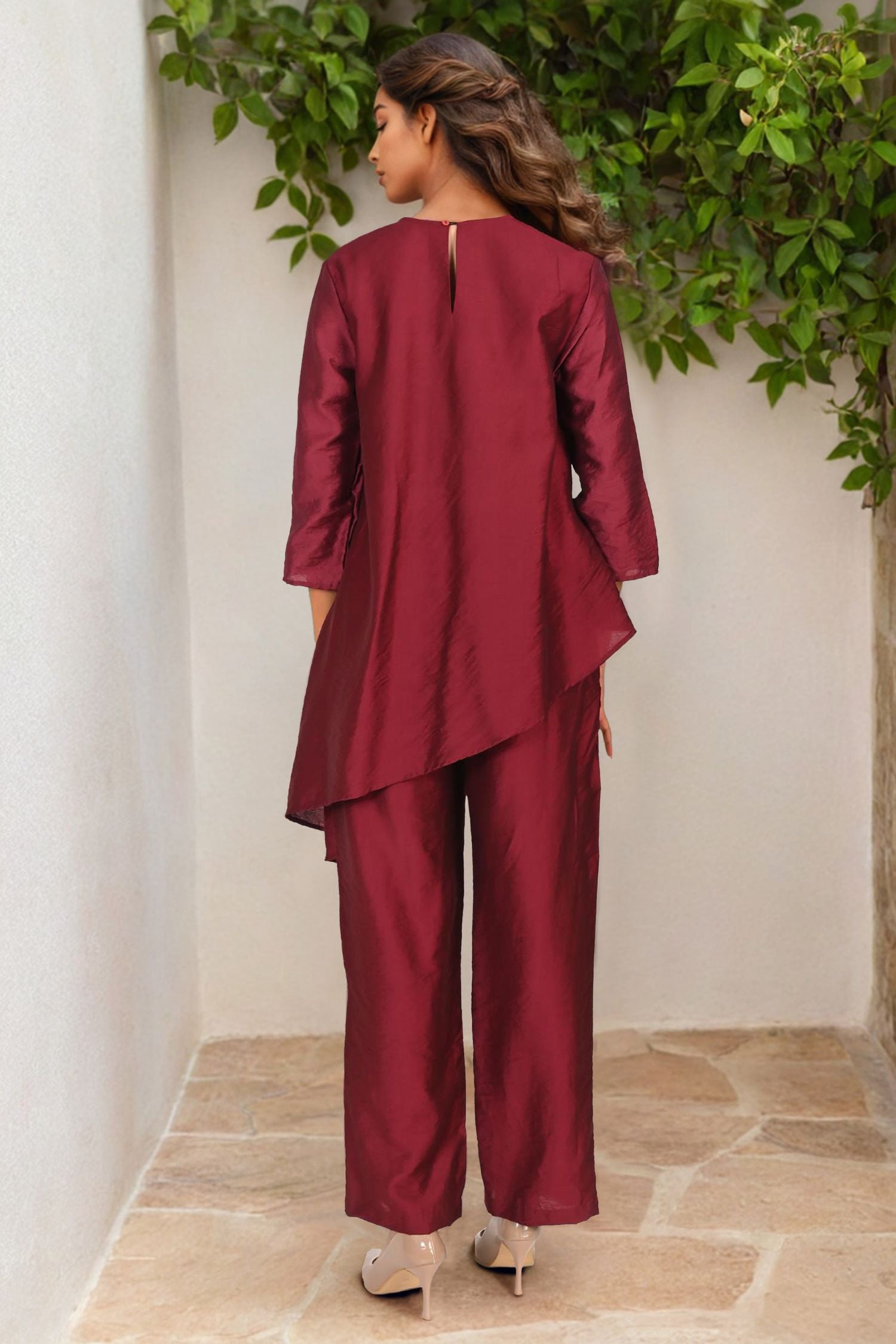 Maroon Petal Asymmetrical Satin Cord Set