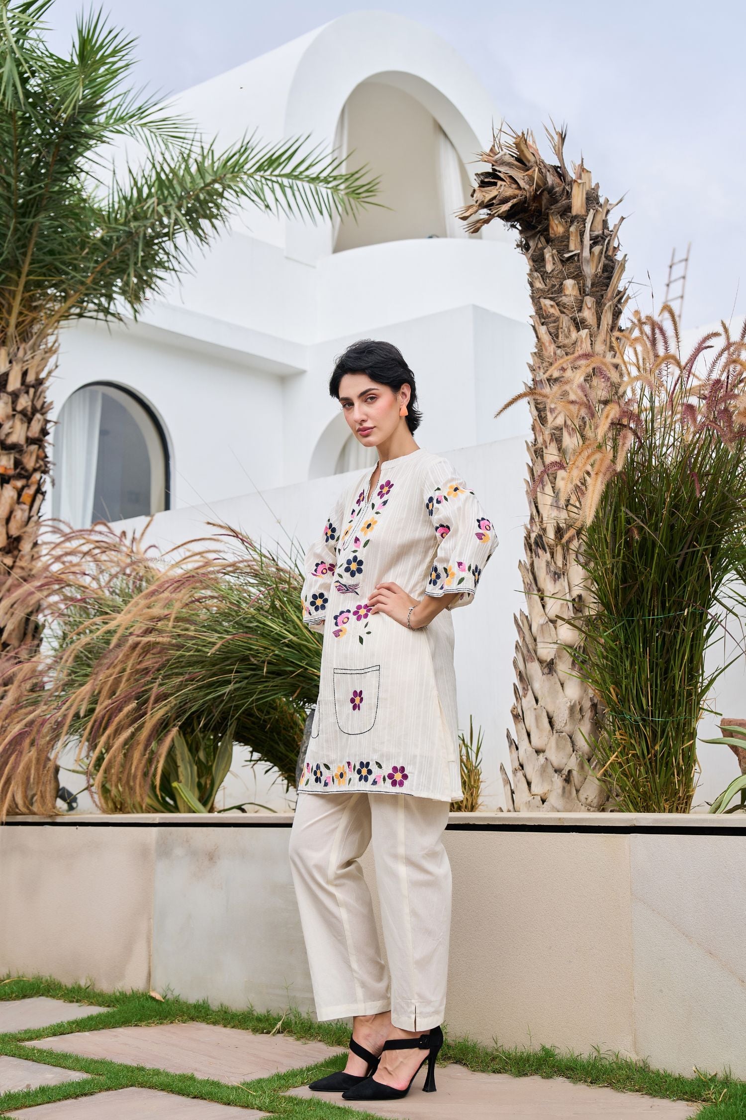 Off-White Cord Set Featuring Small Thread Work Flowers and Solid Pants