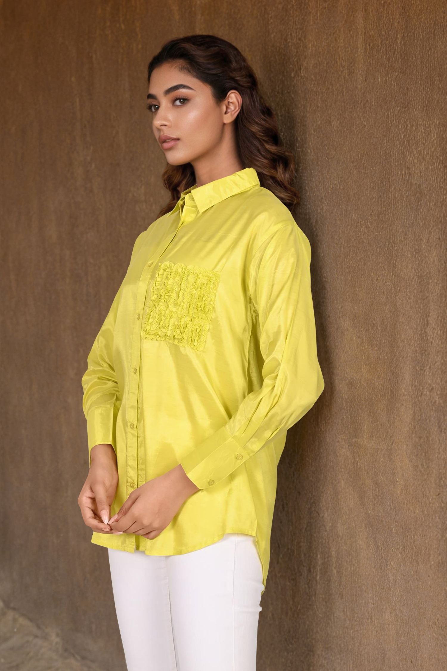 Yellow High-Low Shirt with Embroidered Pocket