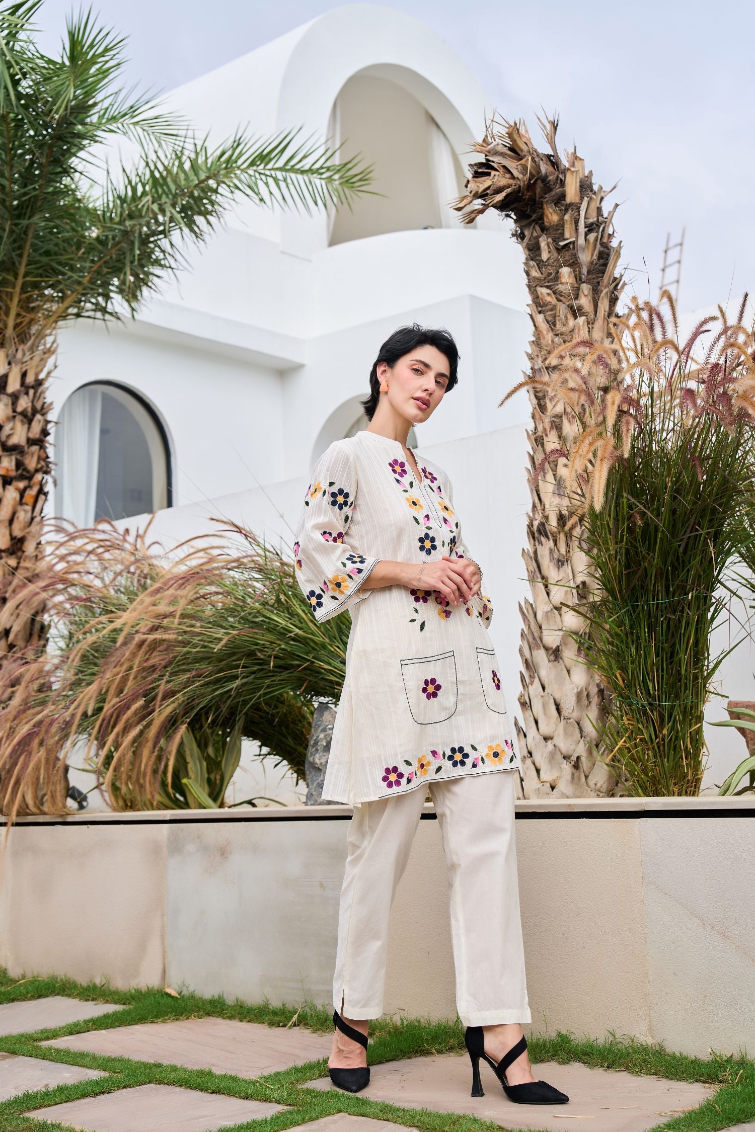 Off-White Cord Set Featuring Small Thread Work Flowers and Solid Pants