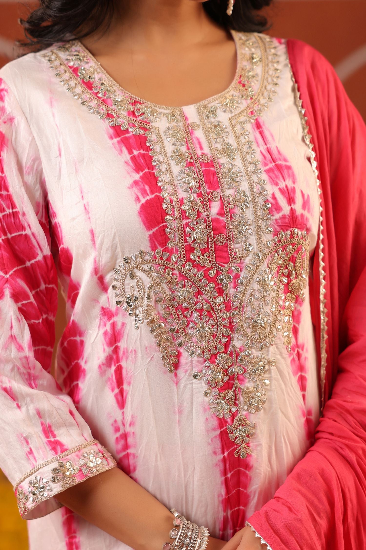 Freyaa Pink Tie-Dye Gotta Patti Embroidered Straight Kurta Trouser Dupatta Set