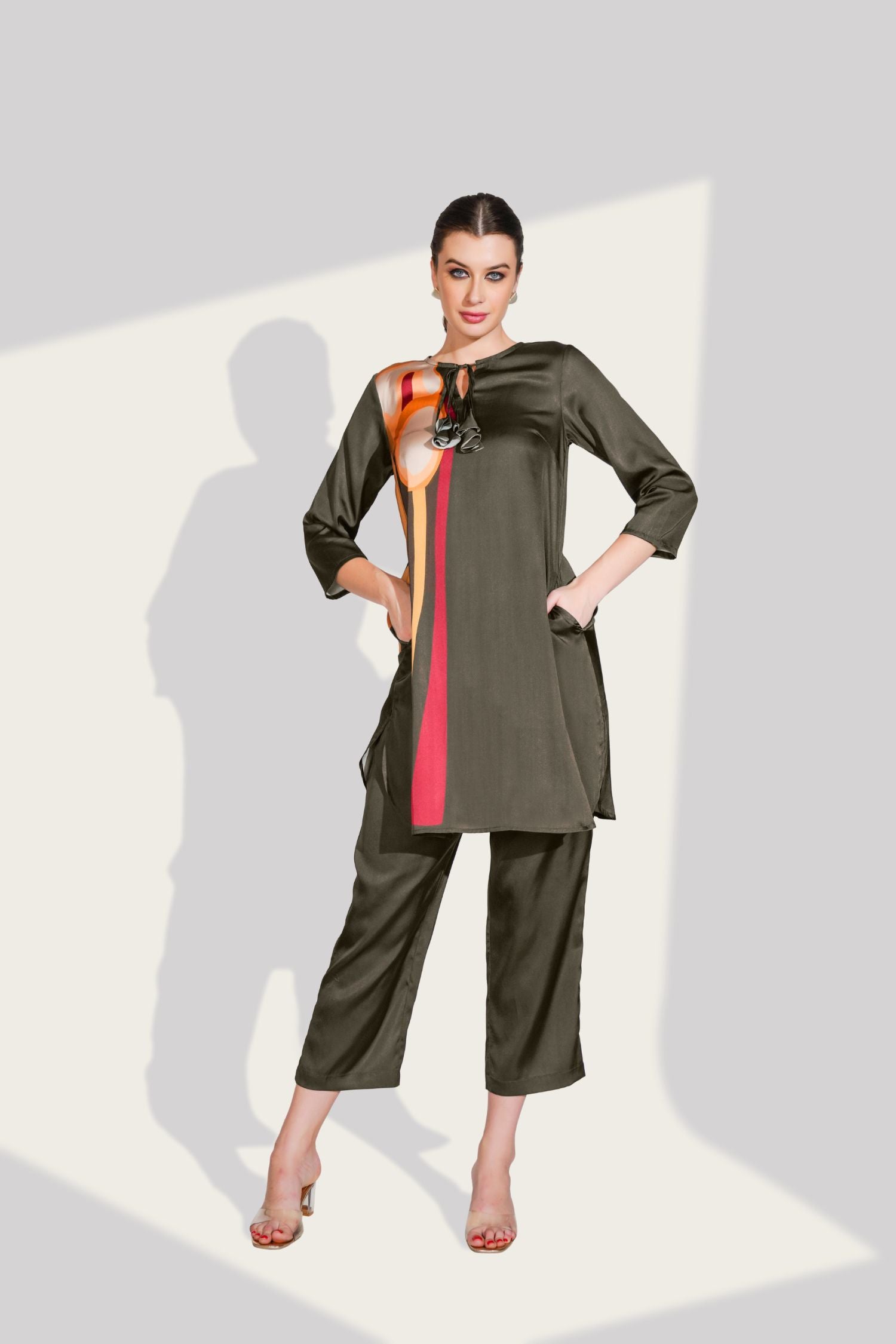 Olive Cord Set with Side Print & Short Bottom