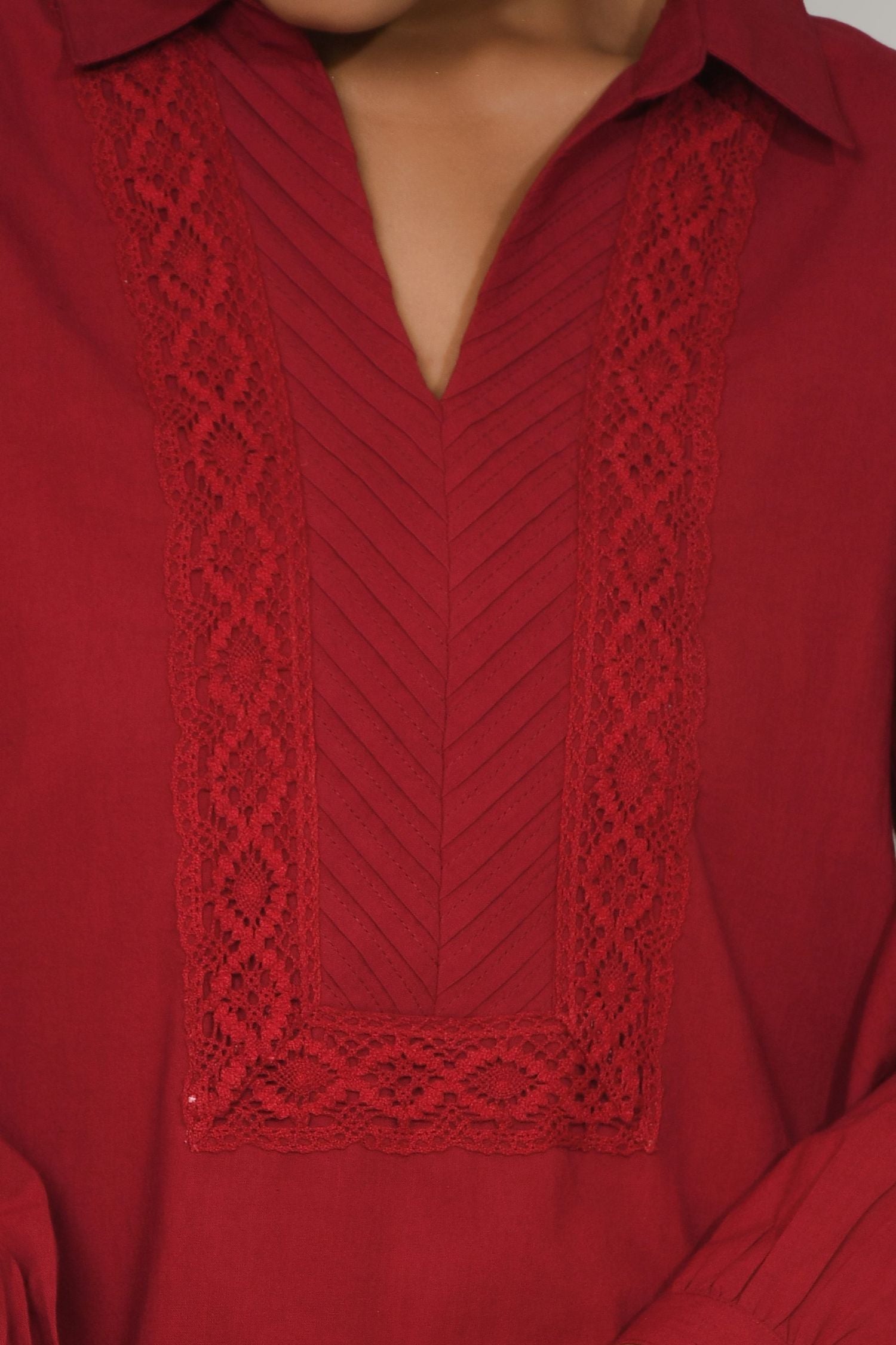 Red Collared Cord Set with Handwork Detail