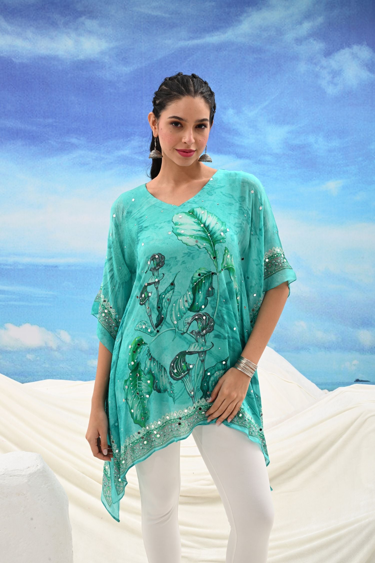 Turquoise Viscose Embroidered Kaftan Dress