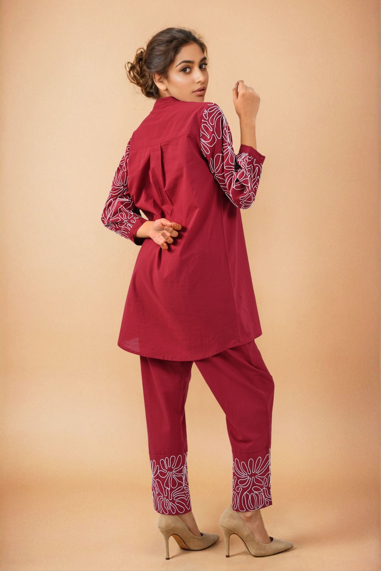 Solid Red Cord Set with Sleeve & Bottom Detail