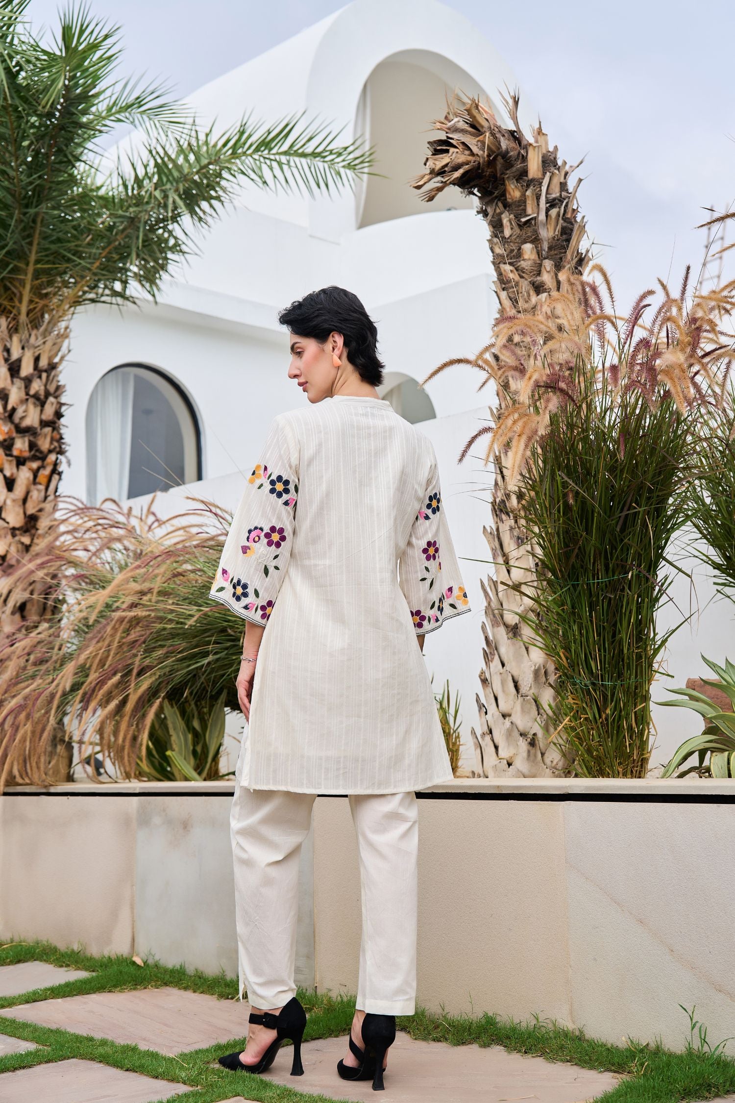 Off-White Cord Set Featuring Small Thread Work Flowers and Solid Pants