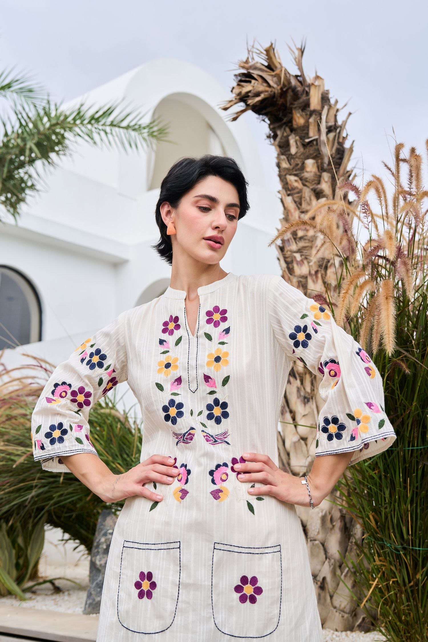 Off-White Cord Set Featuring Small Thread Work Flowers and Solid Pants