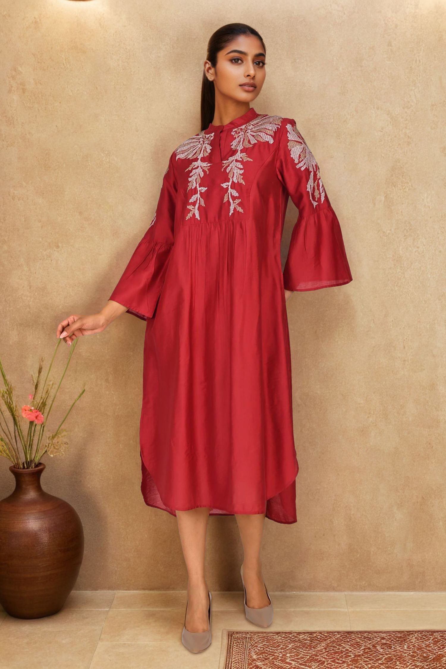 Maroon Elegance Satin Embroidered Long Dress