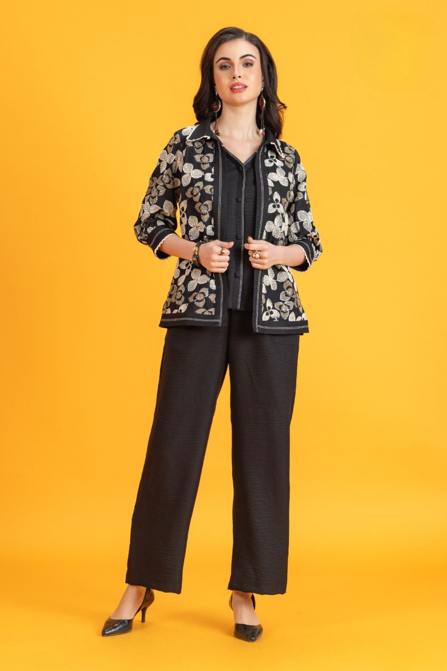 Black Cotton Cord Set with Printed Jacket and Solid Pants