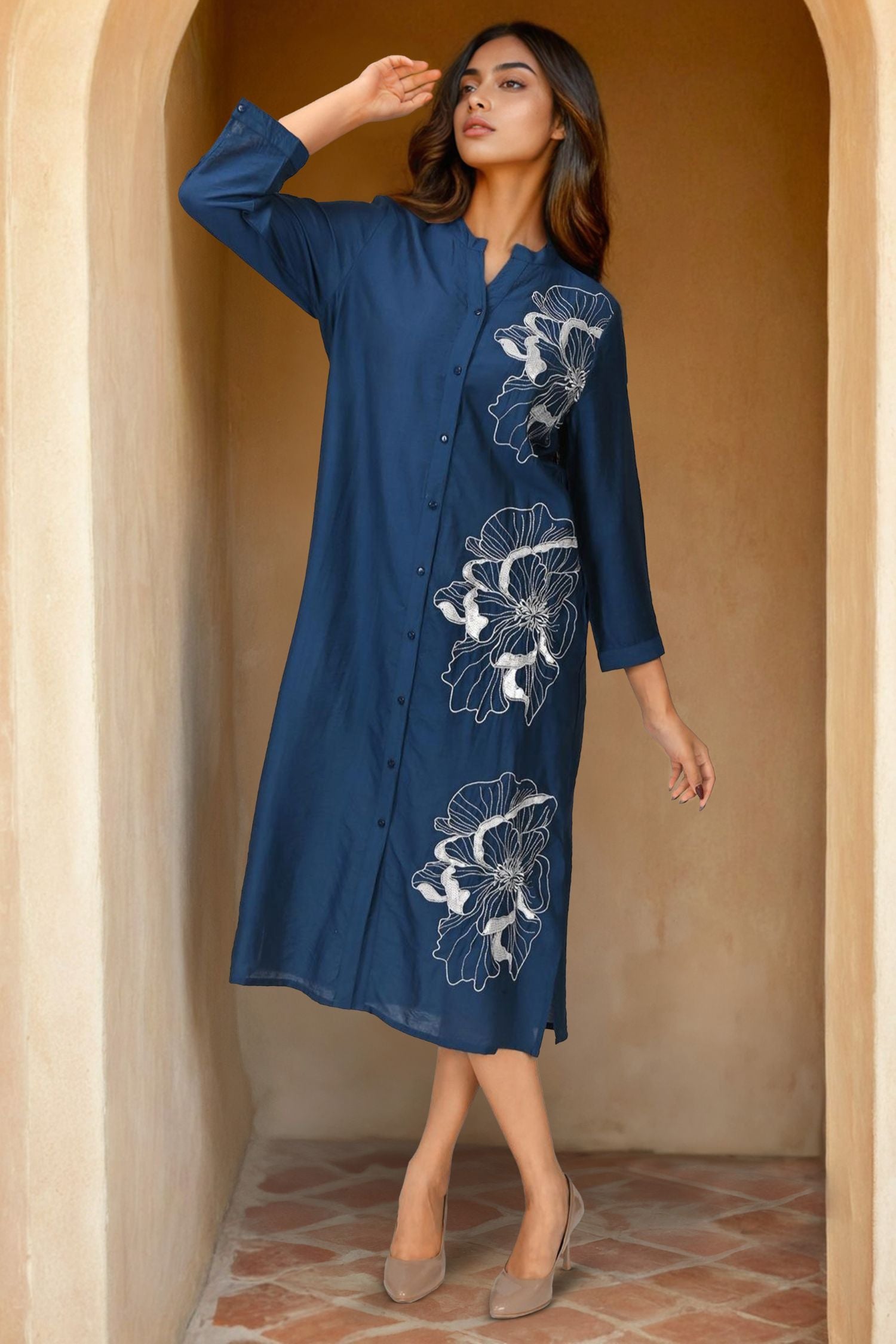 Navy Blue Long Shirt Style Dress with Embroidery