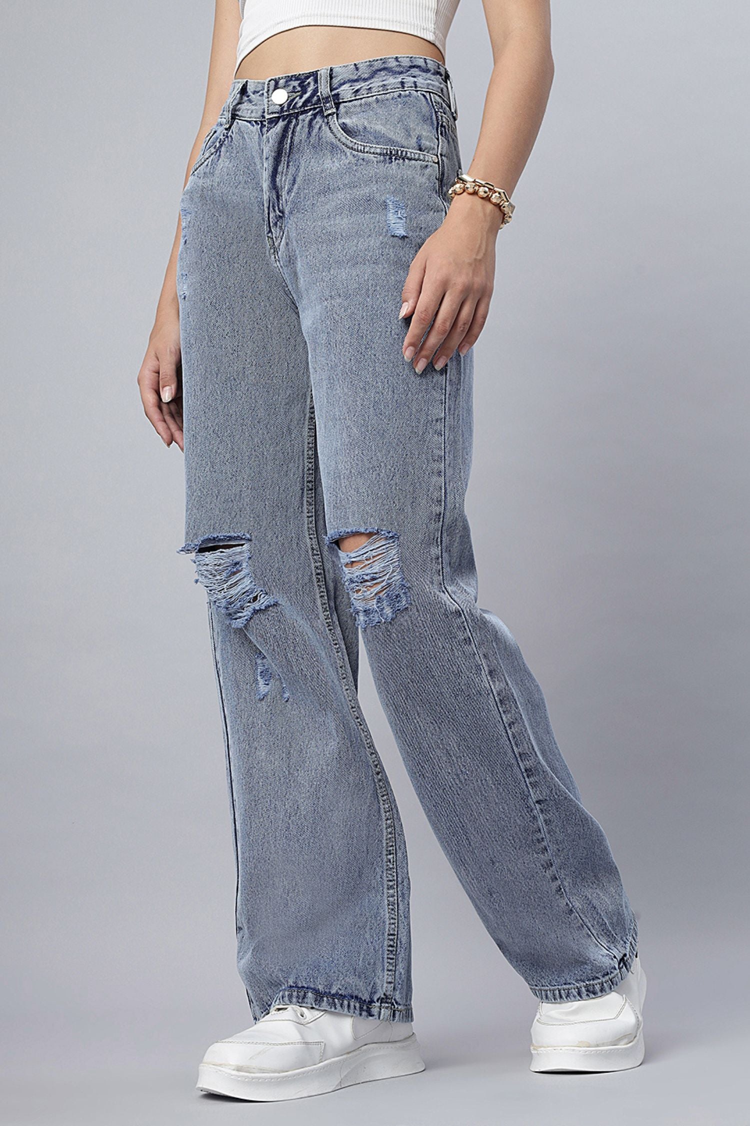Stone Shade High Rise Ripped Jeans